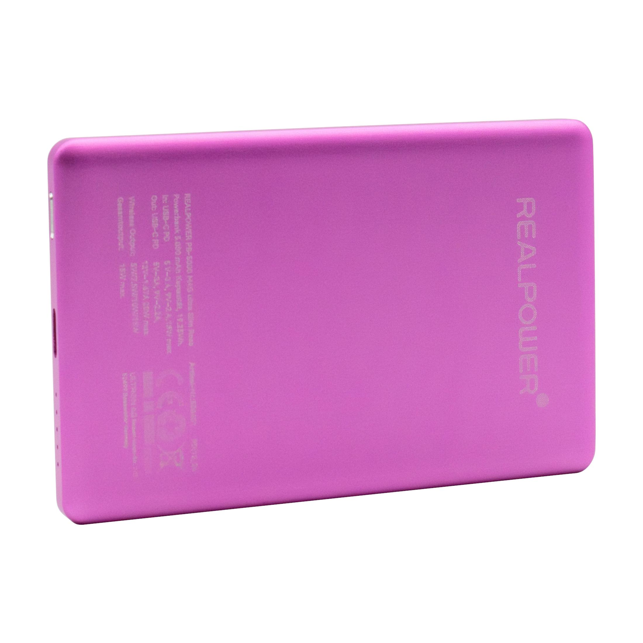 Un power bank rosa con la parola REALPOWER stampata sul lato destro del power bank.