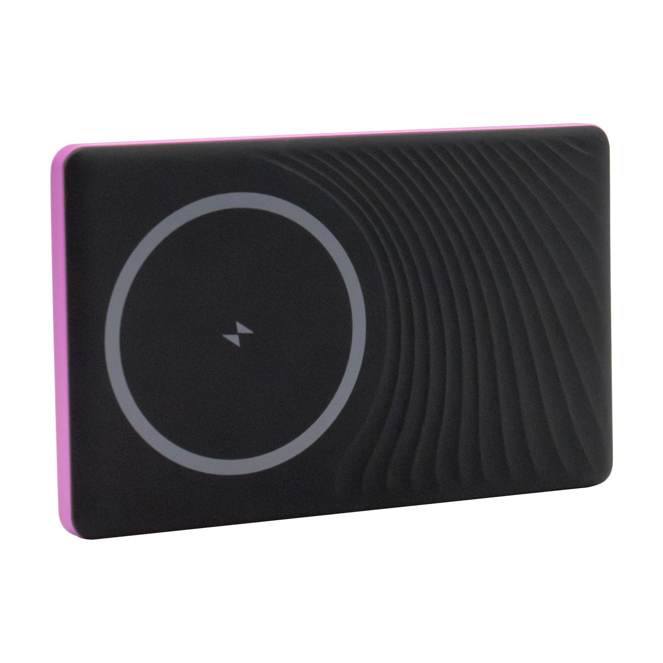 Un caricabatterie wireless nero e rosa con un cerchio bianco e un fulmine sopra.
