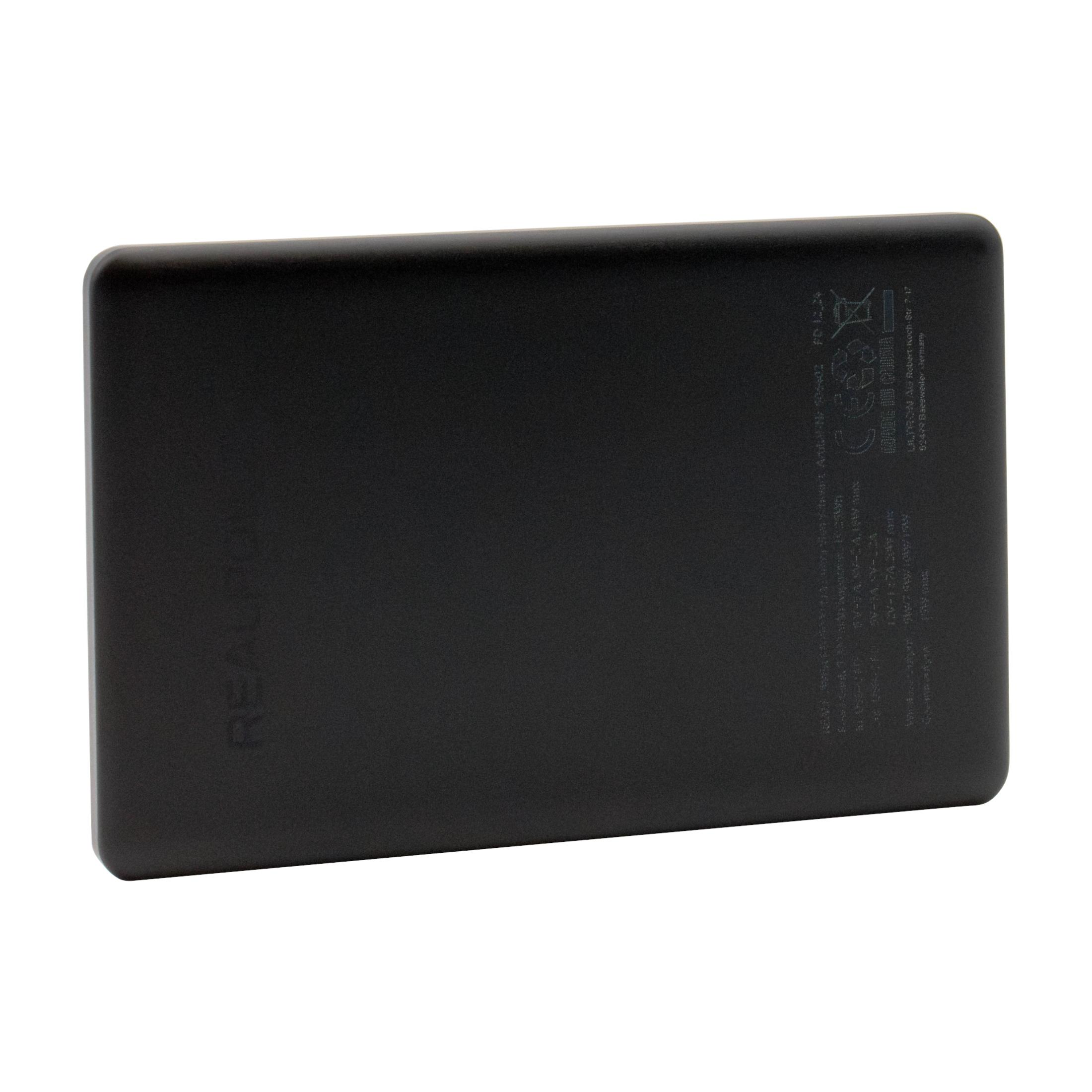 Un power bank nero su uno sfondo bianco.