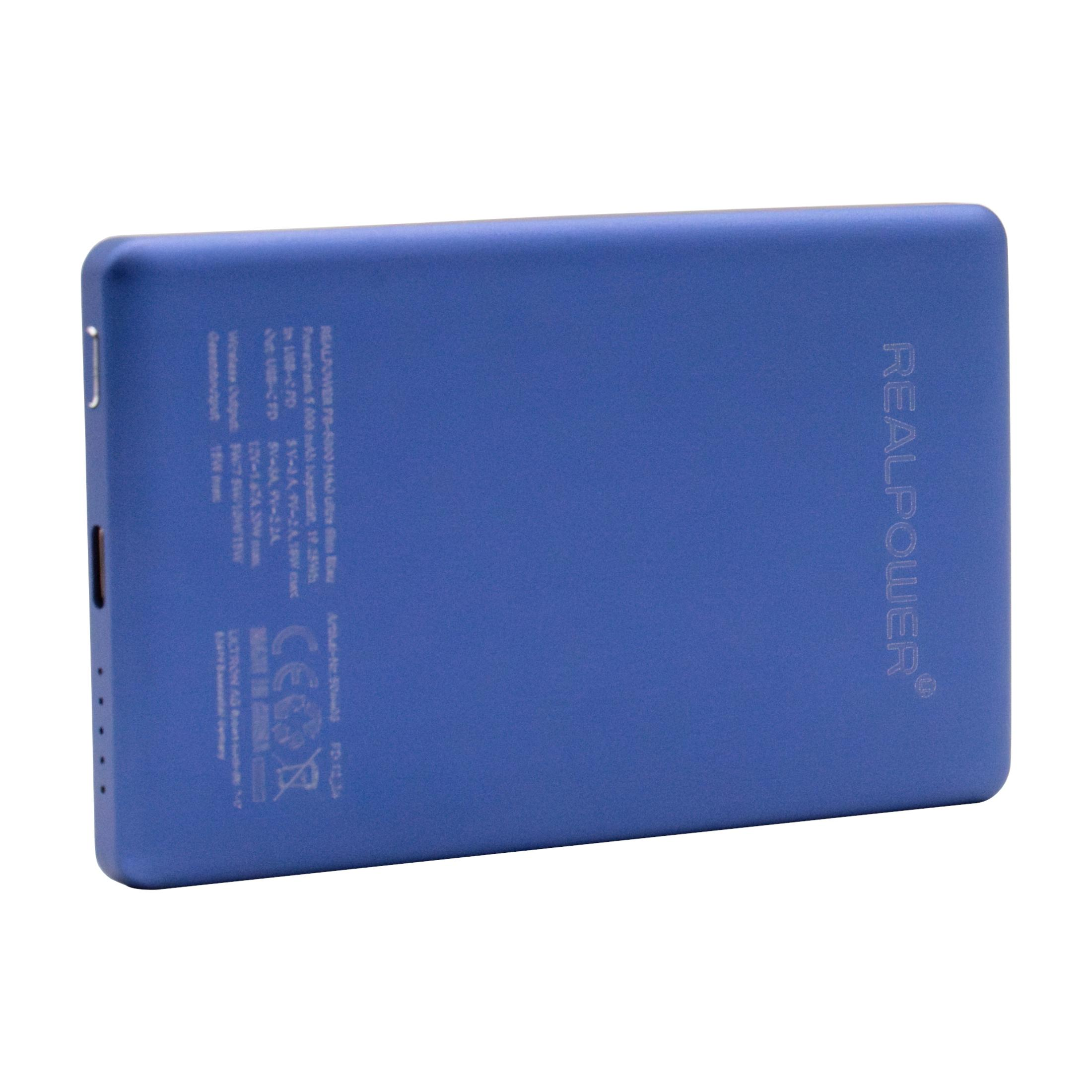 Power bank rettangolare blu con logo REALPOWER su sfondo bianco.