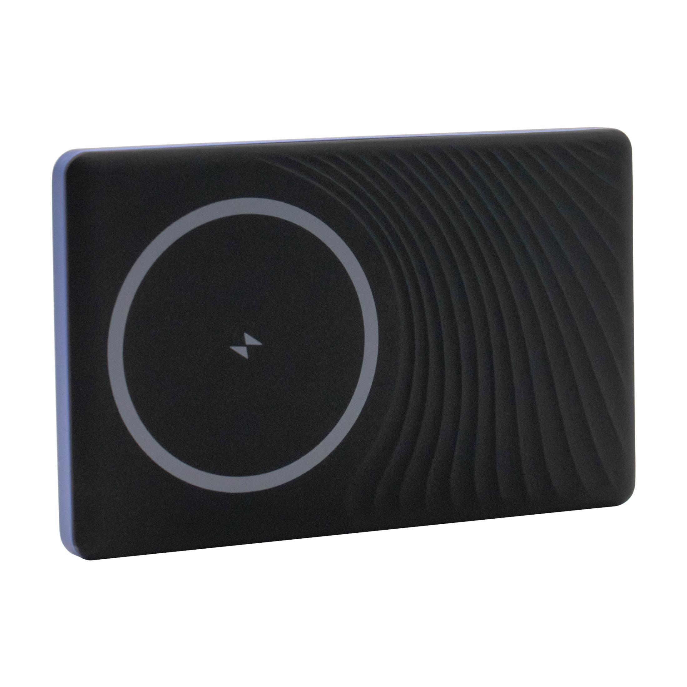 Caricabatterie wireless nero con un cerchio bianco e un fulmine al centro.