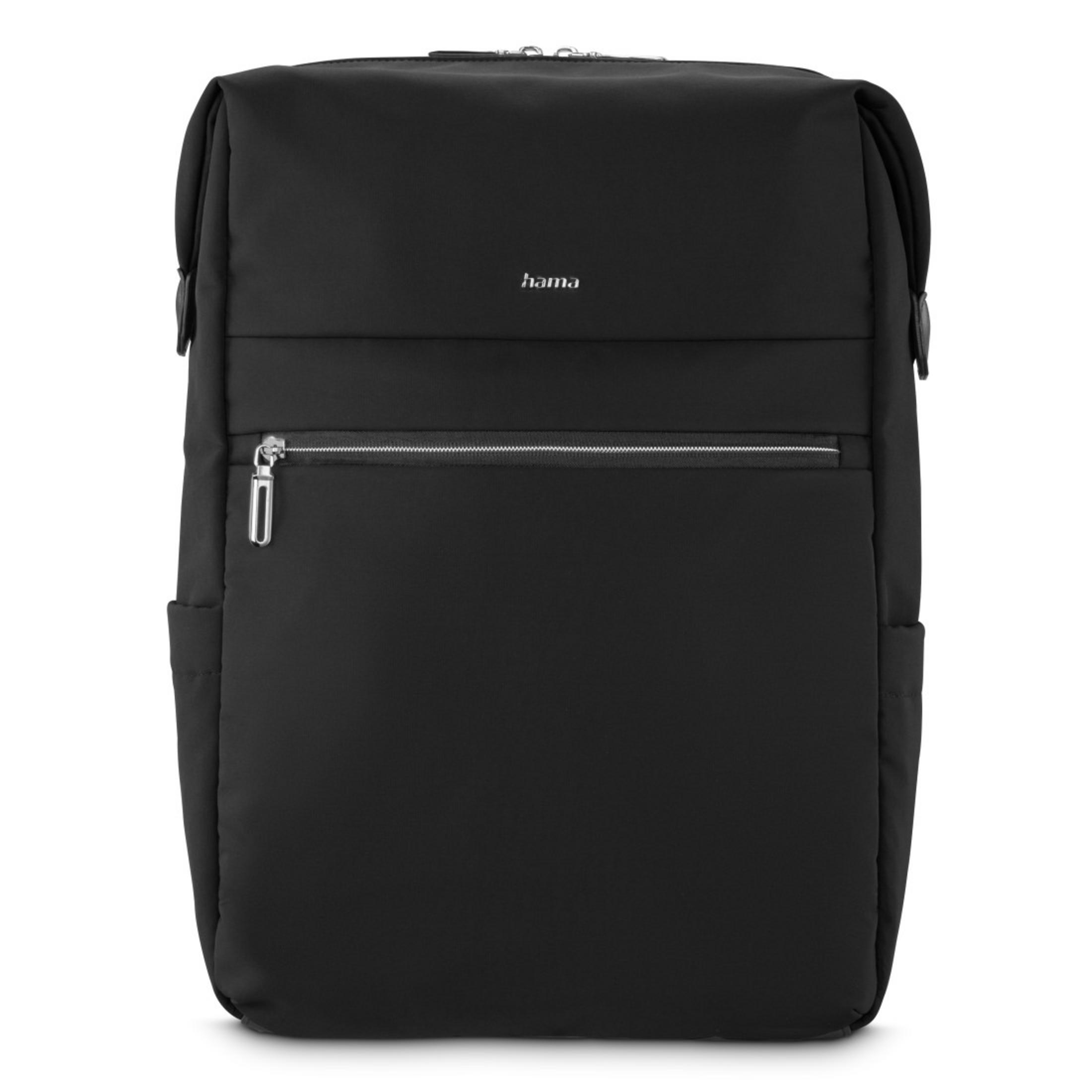 Das Bild zeigt einen schwarzen Rucksack mit dem Wort "hama" in Weiß, Taschen und einem Reißverschluss.