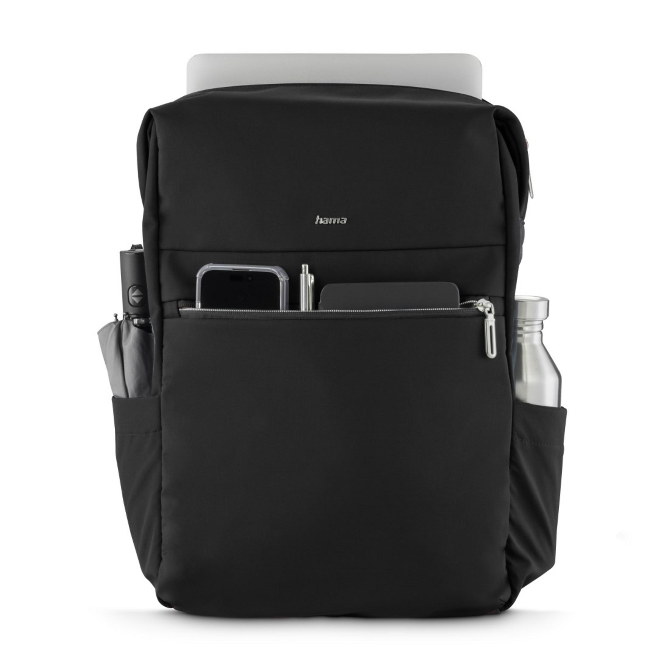 Das Bild zeigt einen schwarzen Rucksack mit Taschen, die einen Laptop, ein Telefon, einen Regenschirm und eine Wasserflasche enthalten.
