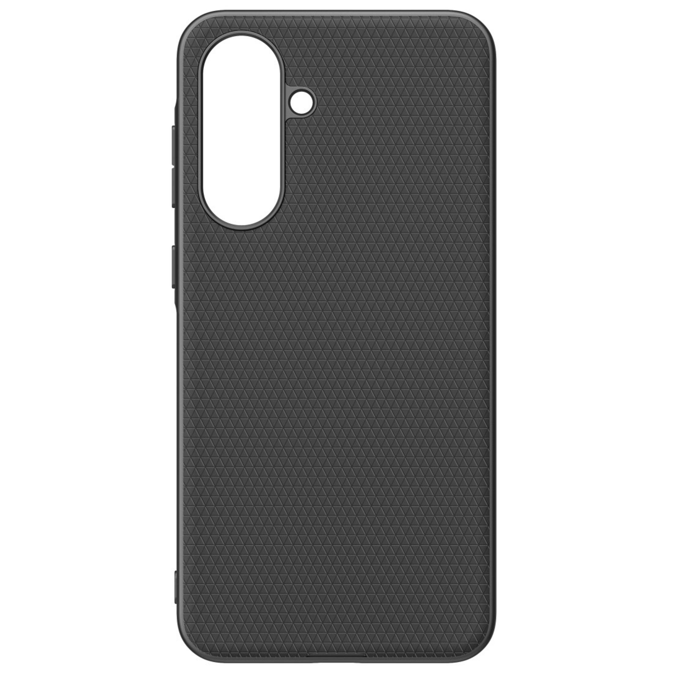 Étui de téléphone noir avec surface texturée, avec découpe pour la caméra et boutons latéraux.