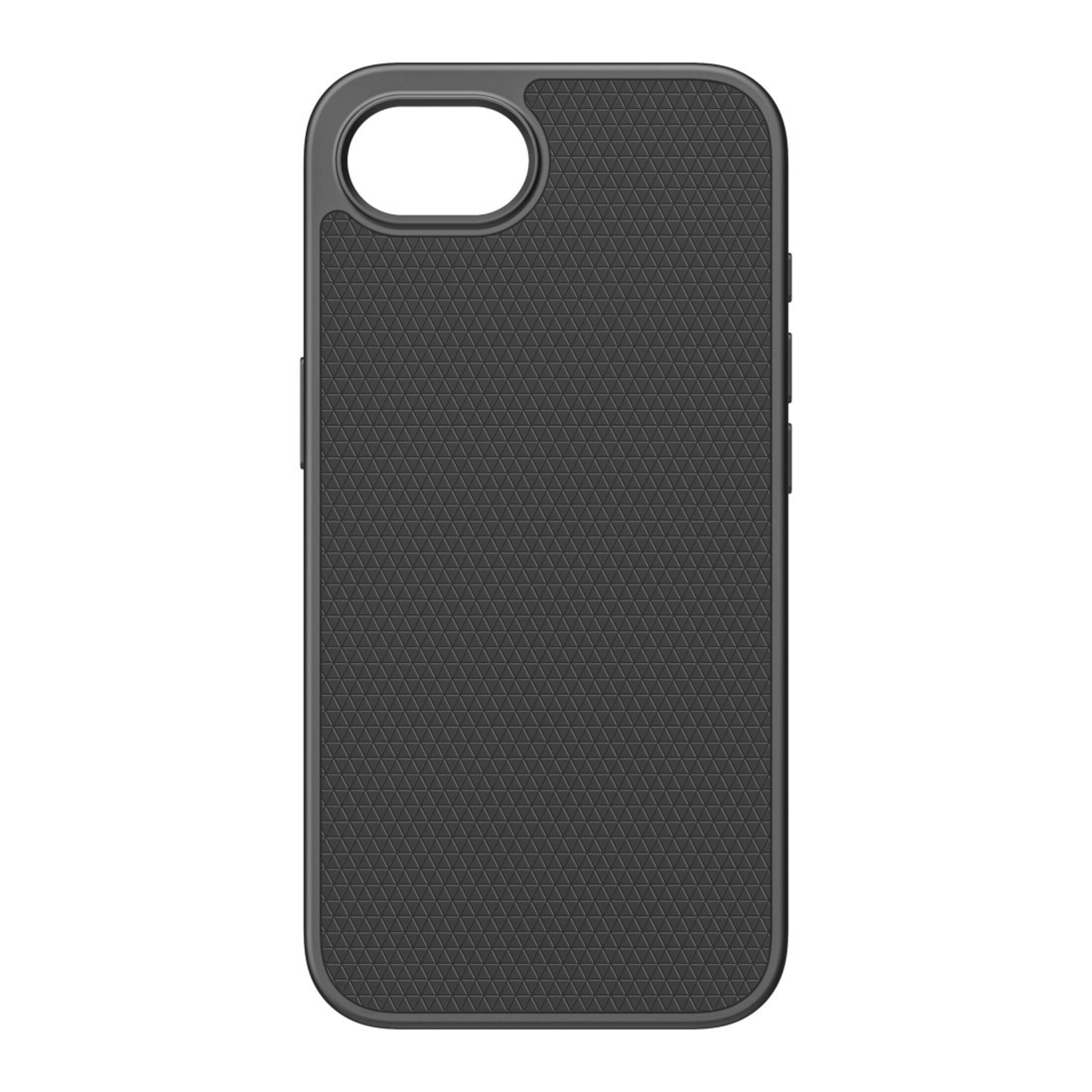 Étui de téléphone noir avec une partie arrière texturée et une découpe pour la caméra en haut à gauche.