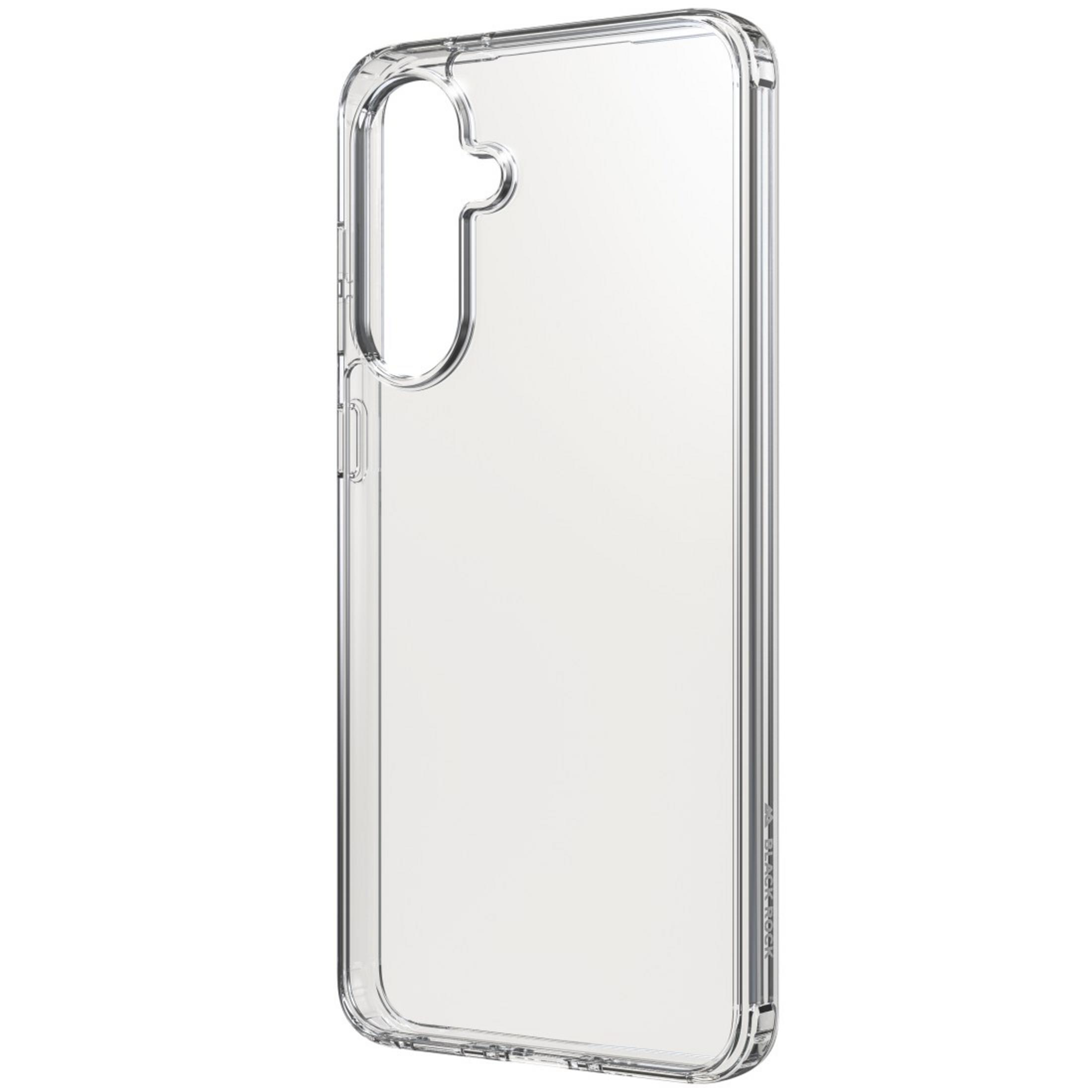 Étui de téléphone transparent avec des coins renforcés, affiché sur un fond blanc.