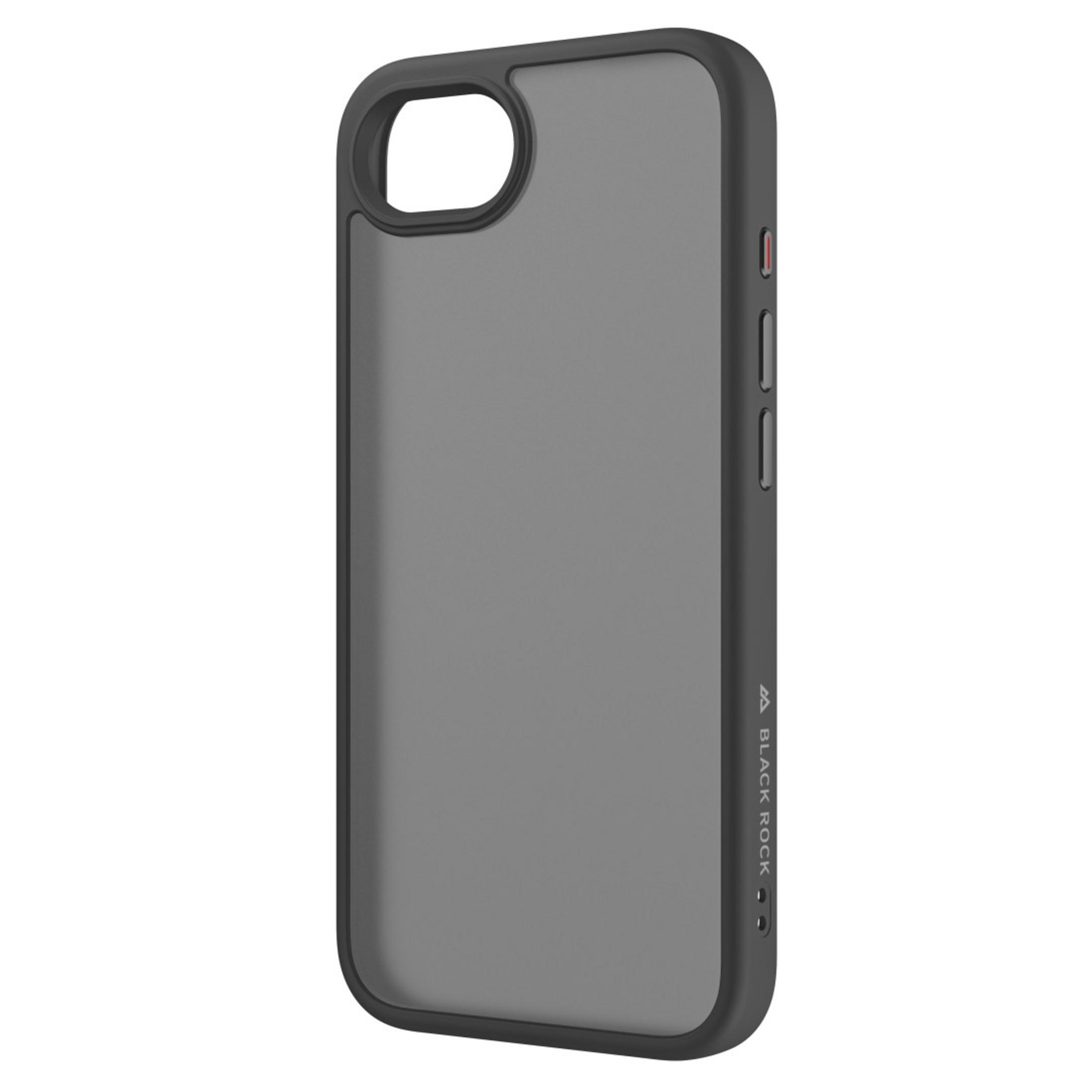 Une coque de téléphone grise avec une bordure noire et un logo sur un fond blanc.
