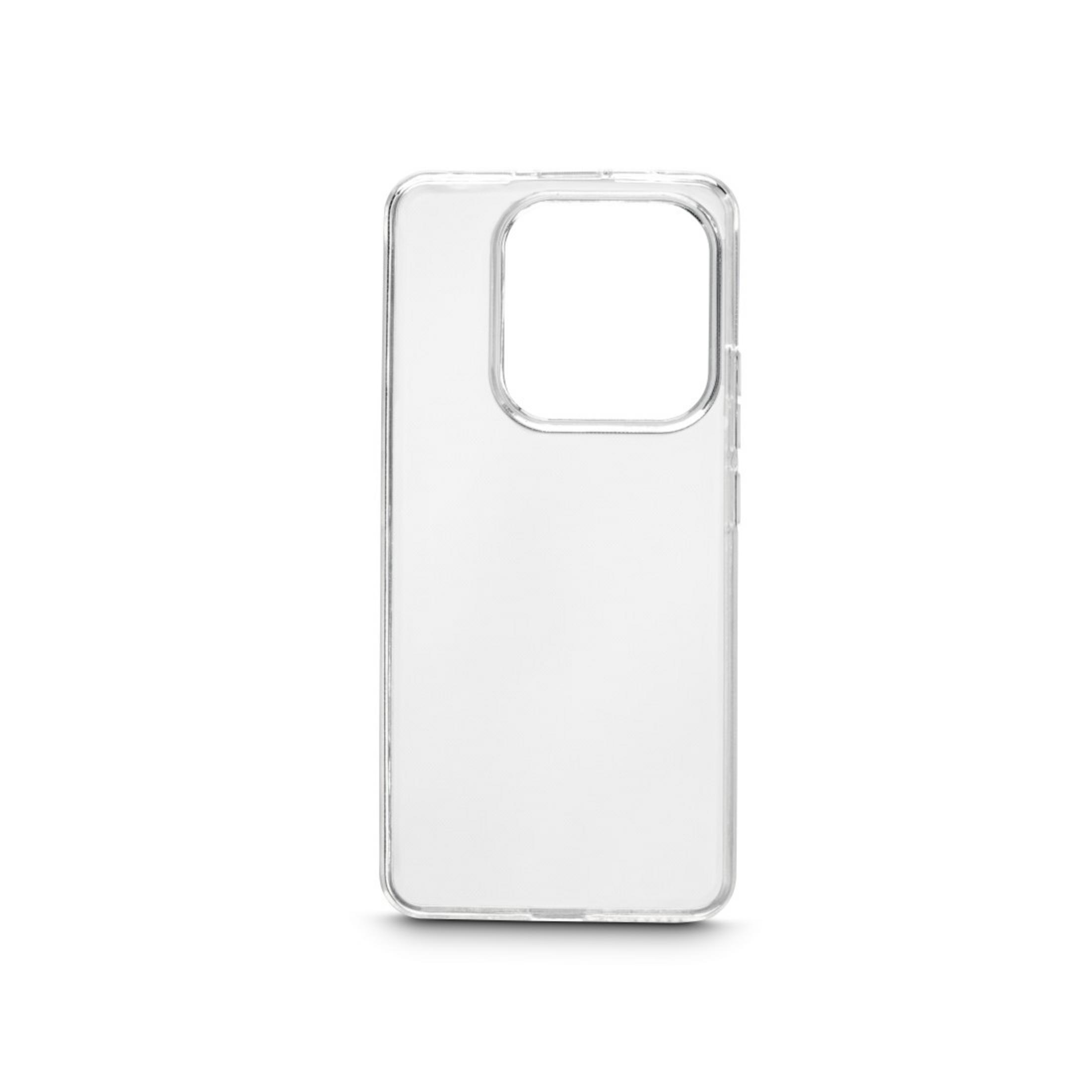 Eine transparente Handyhülle auf weißem Hintergrund zeigt die Funktionen des Telefons.