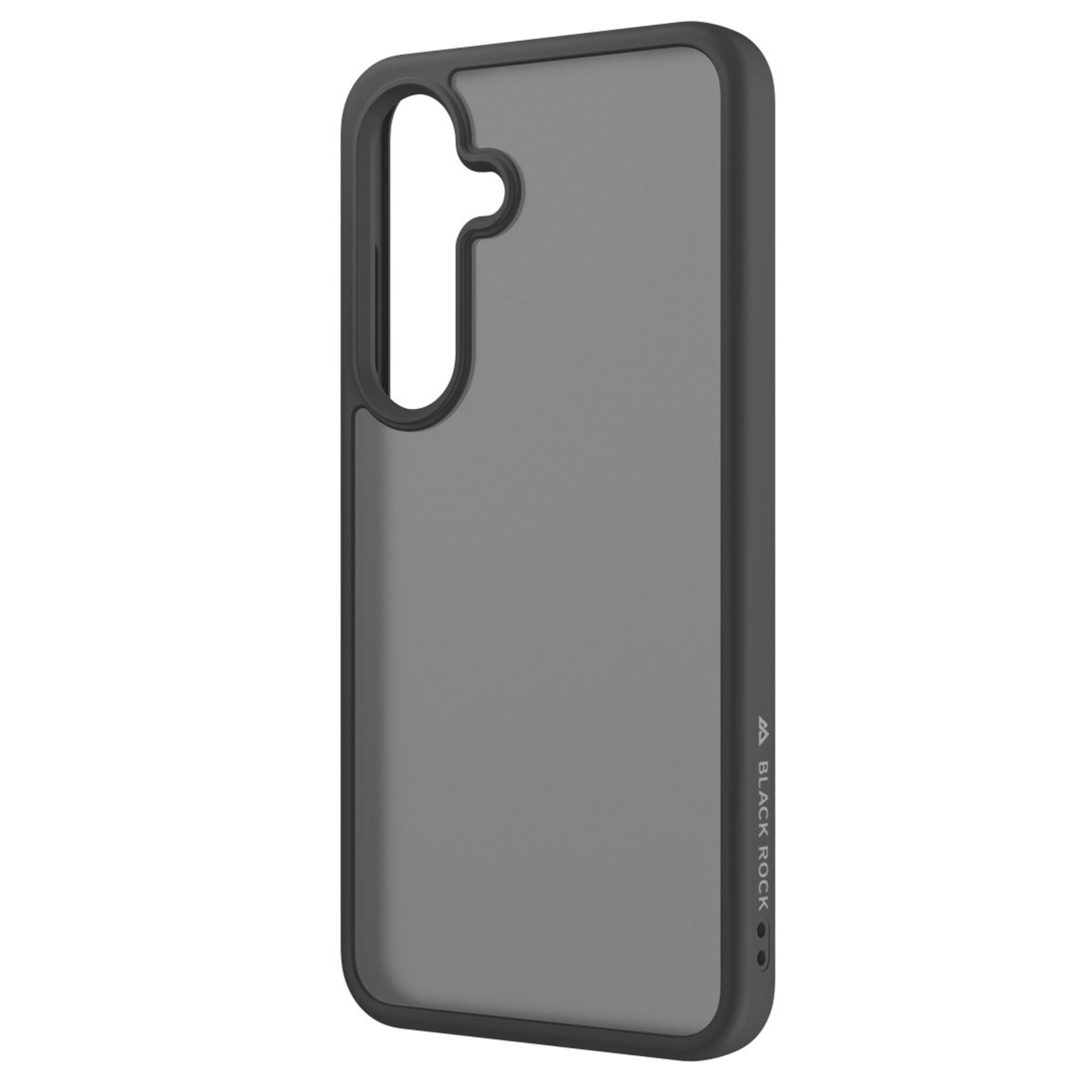 Una custodia per telefono grigia con bordo nero e logo su sfondo bianco.