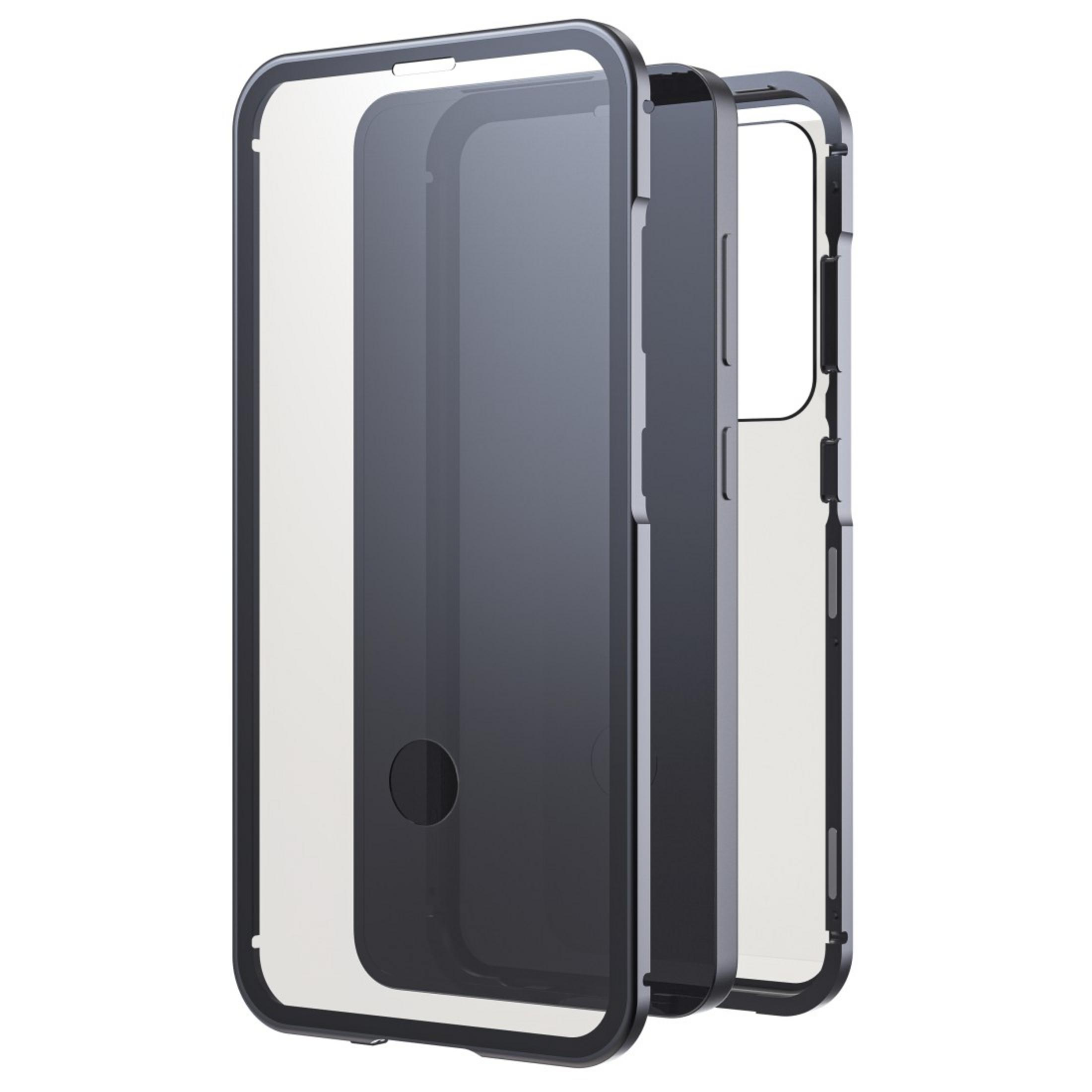 Vue éclatée d'une coque de téléphone, montrant les composants internes et externes, avec un cadre gris.