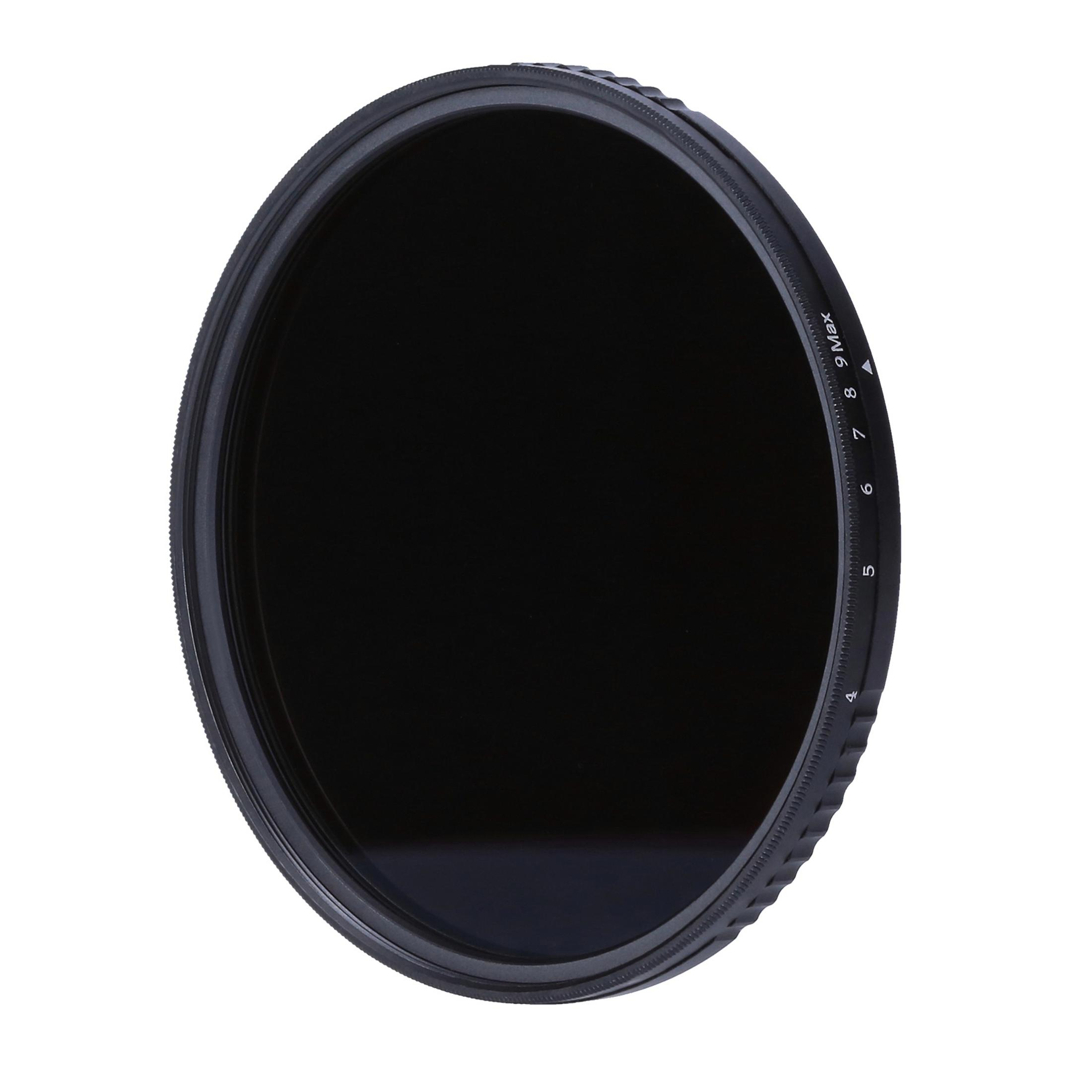 Un filtro per fotocamera scuro con impostazioni etichettate, isolato su uno sfondo bianco.