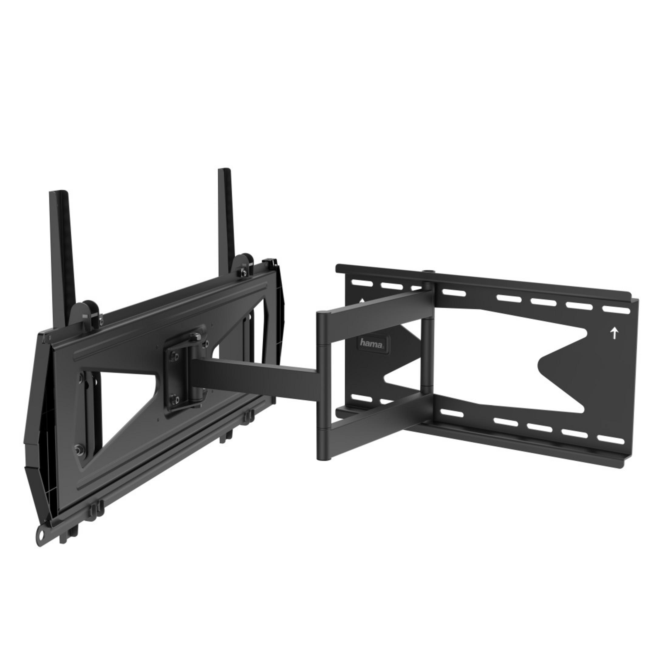 Eine schwarze TV-Wandhalterung mit verstellbaren Armen, Hama-Logo auf weißem Hintergrund.