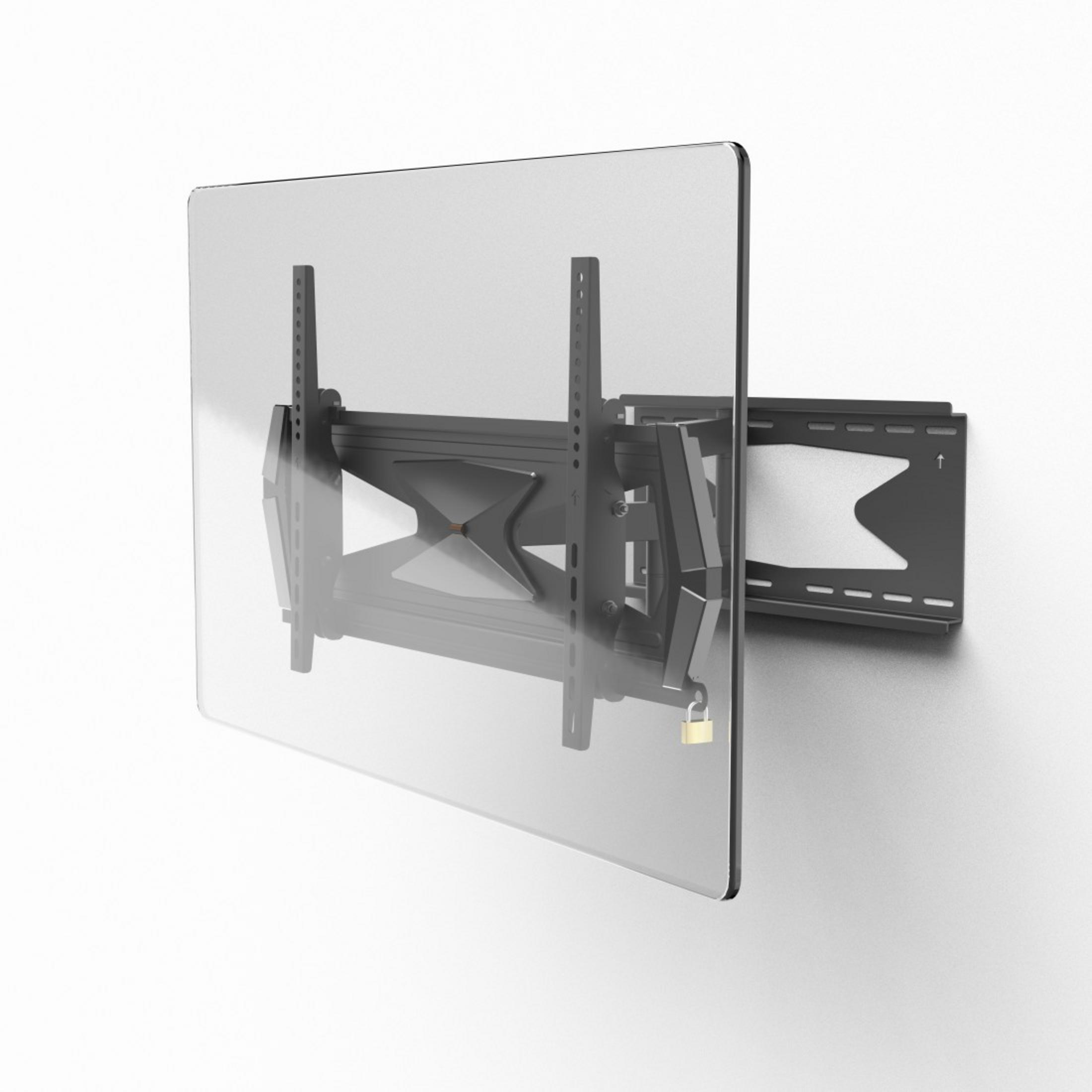 Eine schwarze TV-Wandhalterung ist hinter einem transparenten Bildschirm an einer weißen Wand installiert.