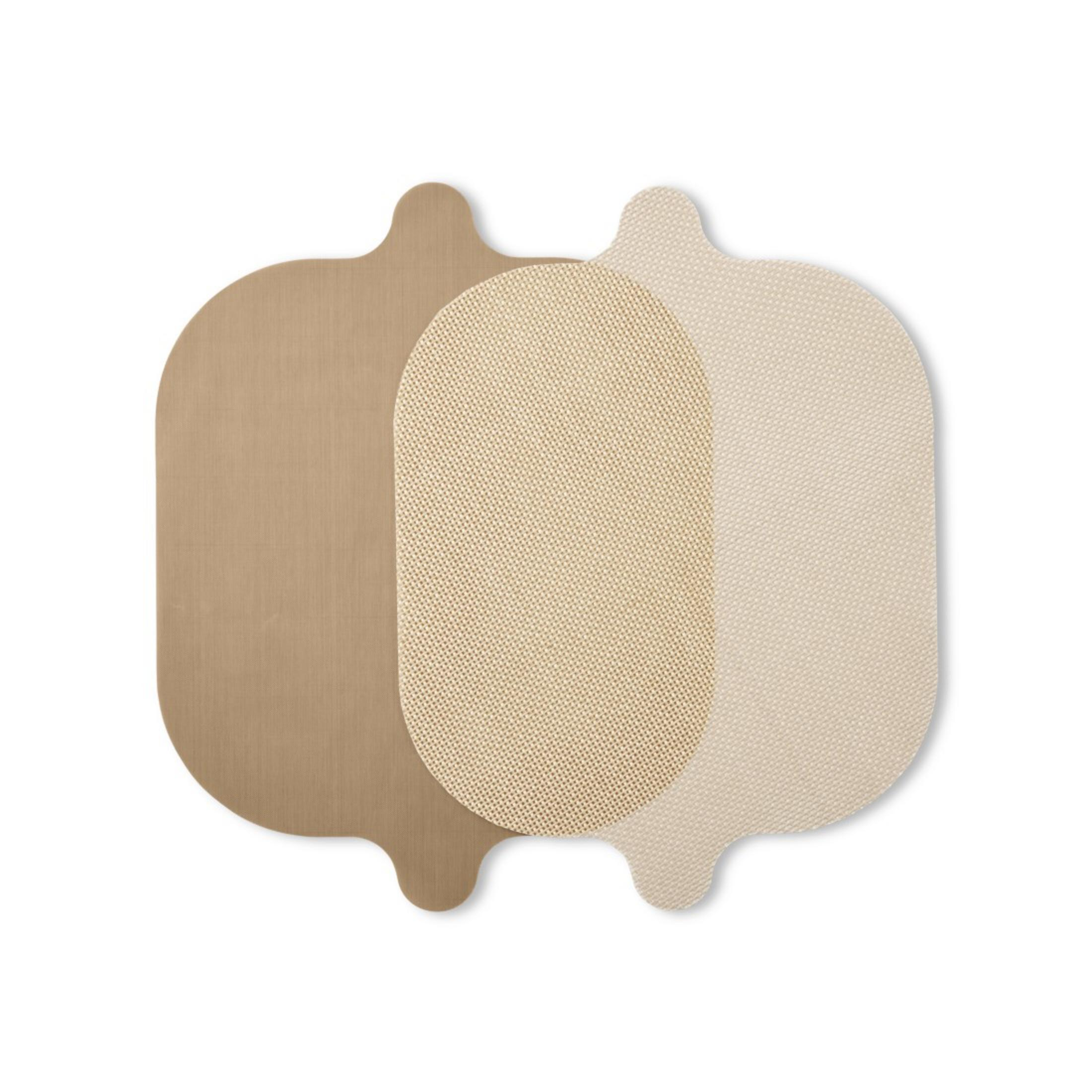 Drei ovale, beige Matten sind auf weißem Hintergrund angeordnet.