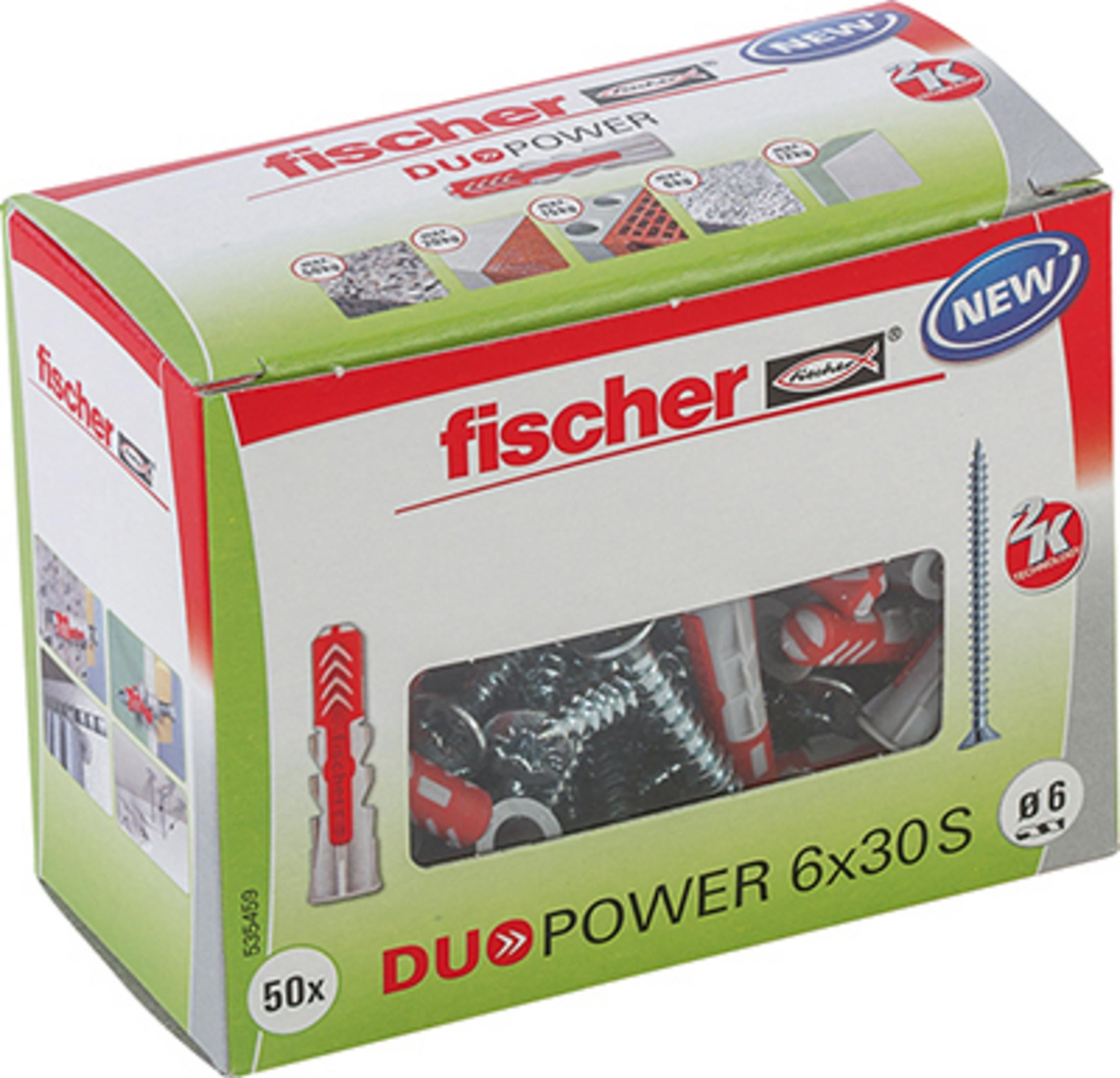 Eine Schachtel Fischer DUOPOWER Dübel mit Schrauben, die Produktdetails und Verpackungsdesign zeigt.
