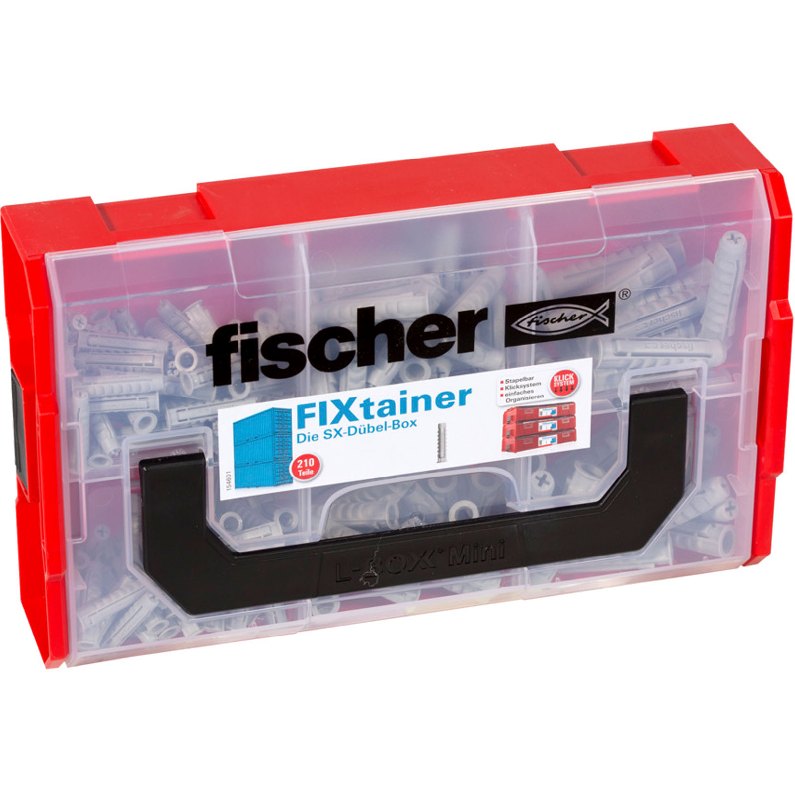 Eine rote und transparente Kunststoff-Werkzeugbox, gefüllt mit grauen Wandankern und einem schwarzen Griff.