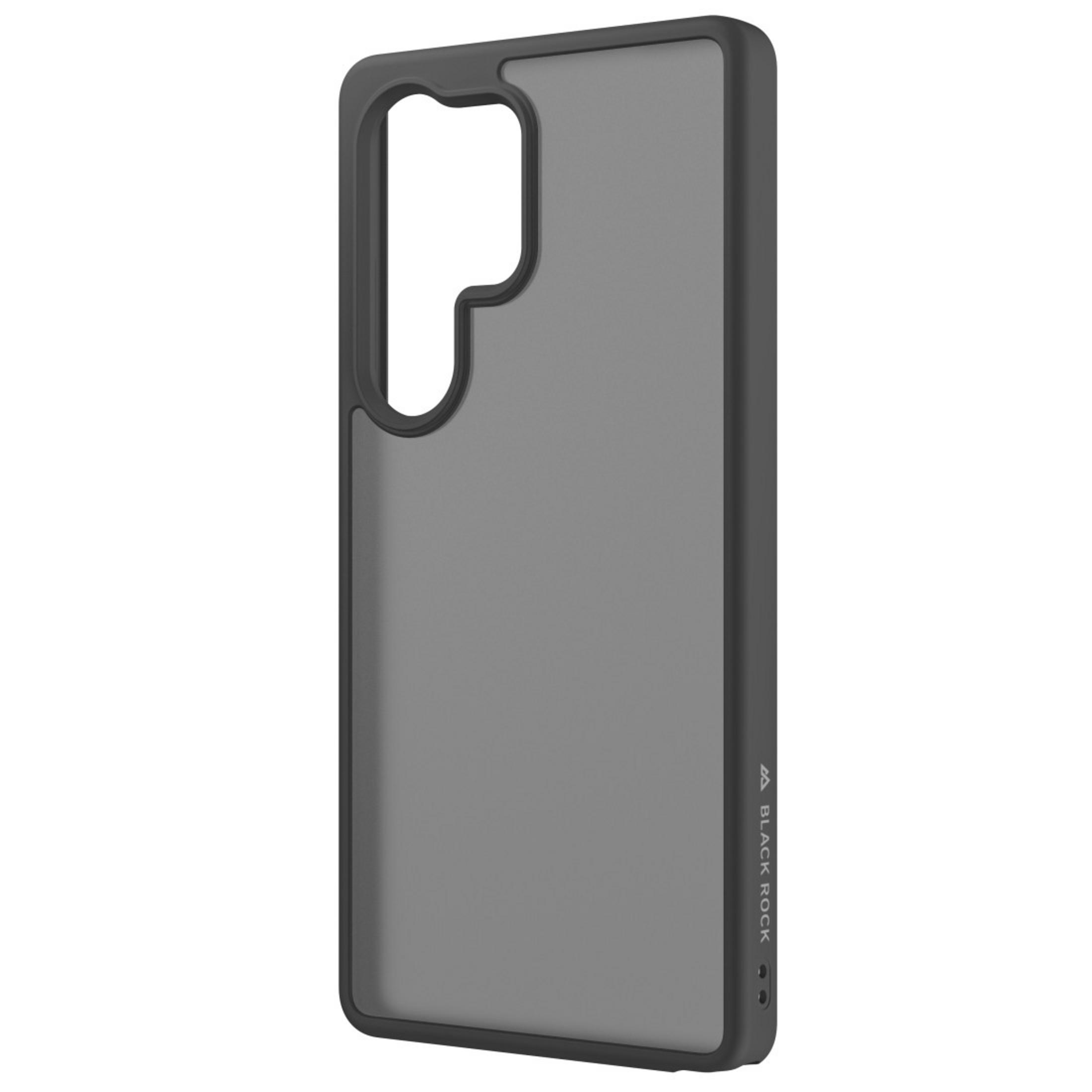 Une coque de téléphone, gris foncé avec cadre noir. Le logo Black Rock est visible.