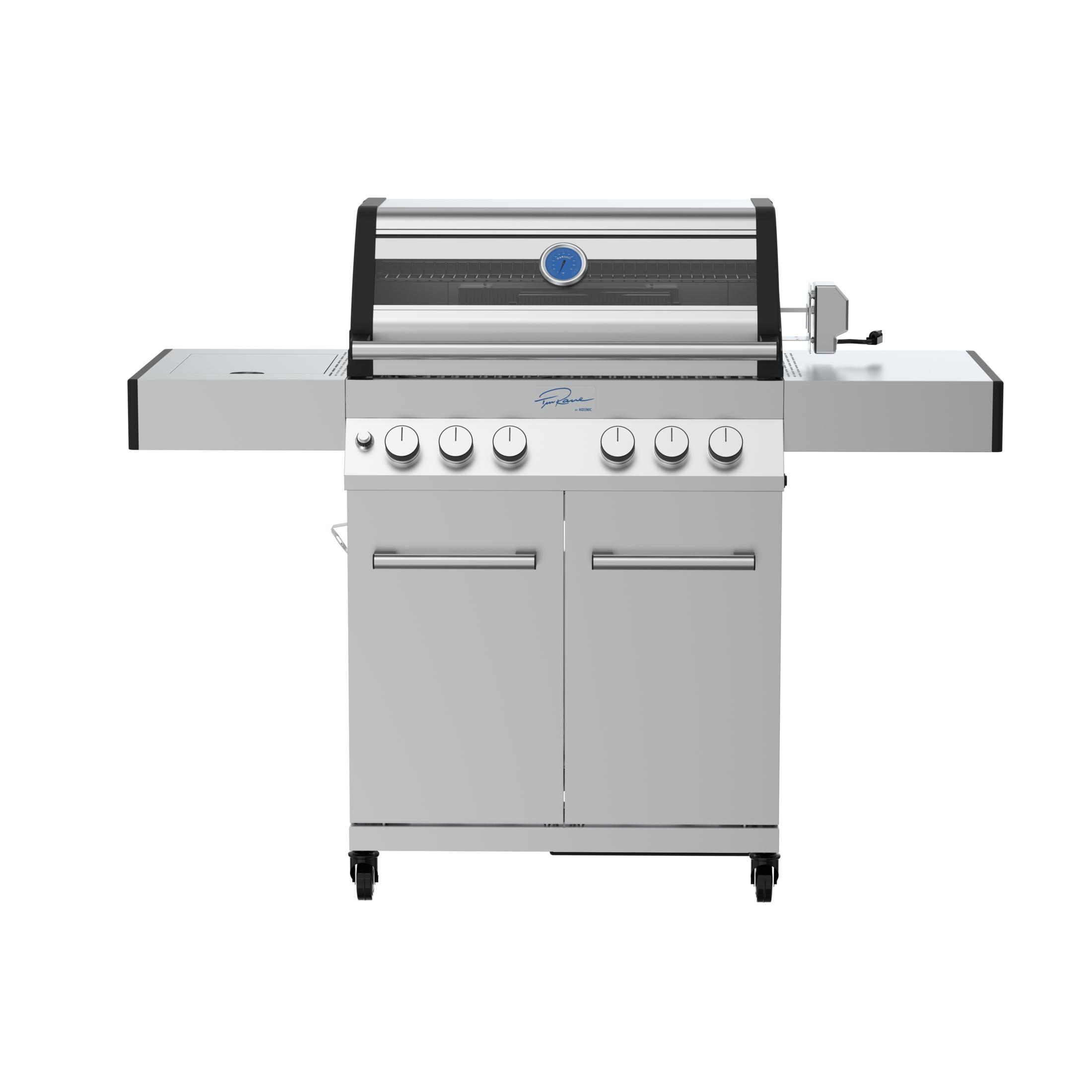 Ein Edelstahlgrill mit geschlossenem Deckel und vier Bedienknöpfen auf weißem Hintergrund.