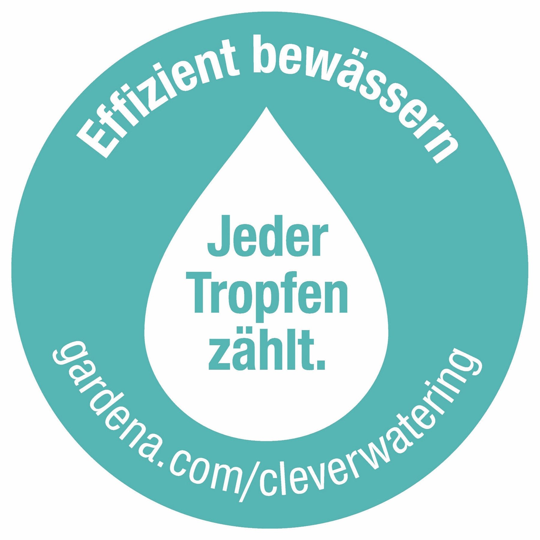 Ein blaugrünes und weißes kreisförmiges Logo für Gardena Cleverwatering zeigt einen Wassertropfen und den Text „Jeder Tropfen zählt“.