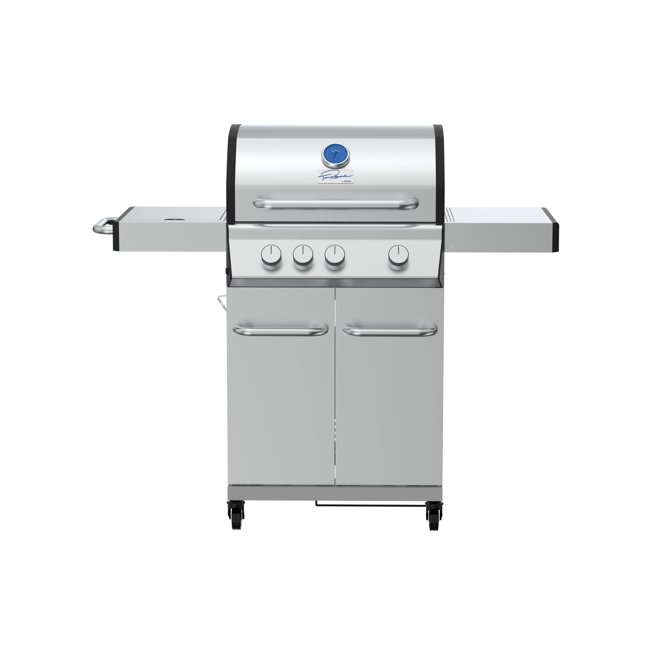 Silberner Gasgrill mit drei Knöpfen und Schranktüren auf weißem Hintergrund.