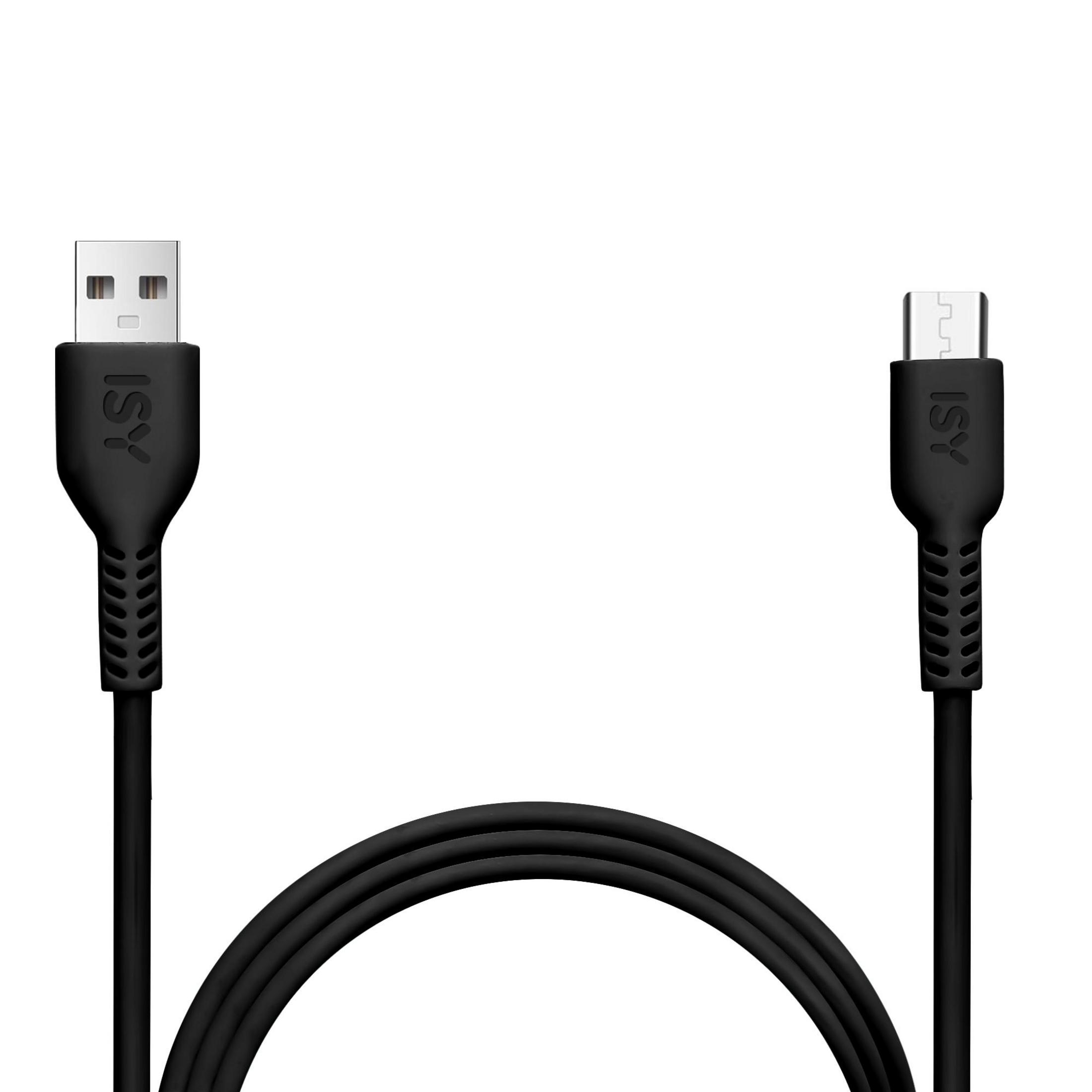 Schwarzes USB-Kabel mit USB- und Micro-USB-Anschluss. Das ISY-Logo ist sichtbar.