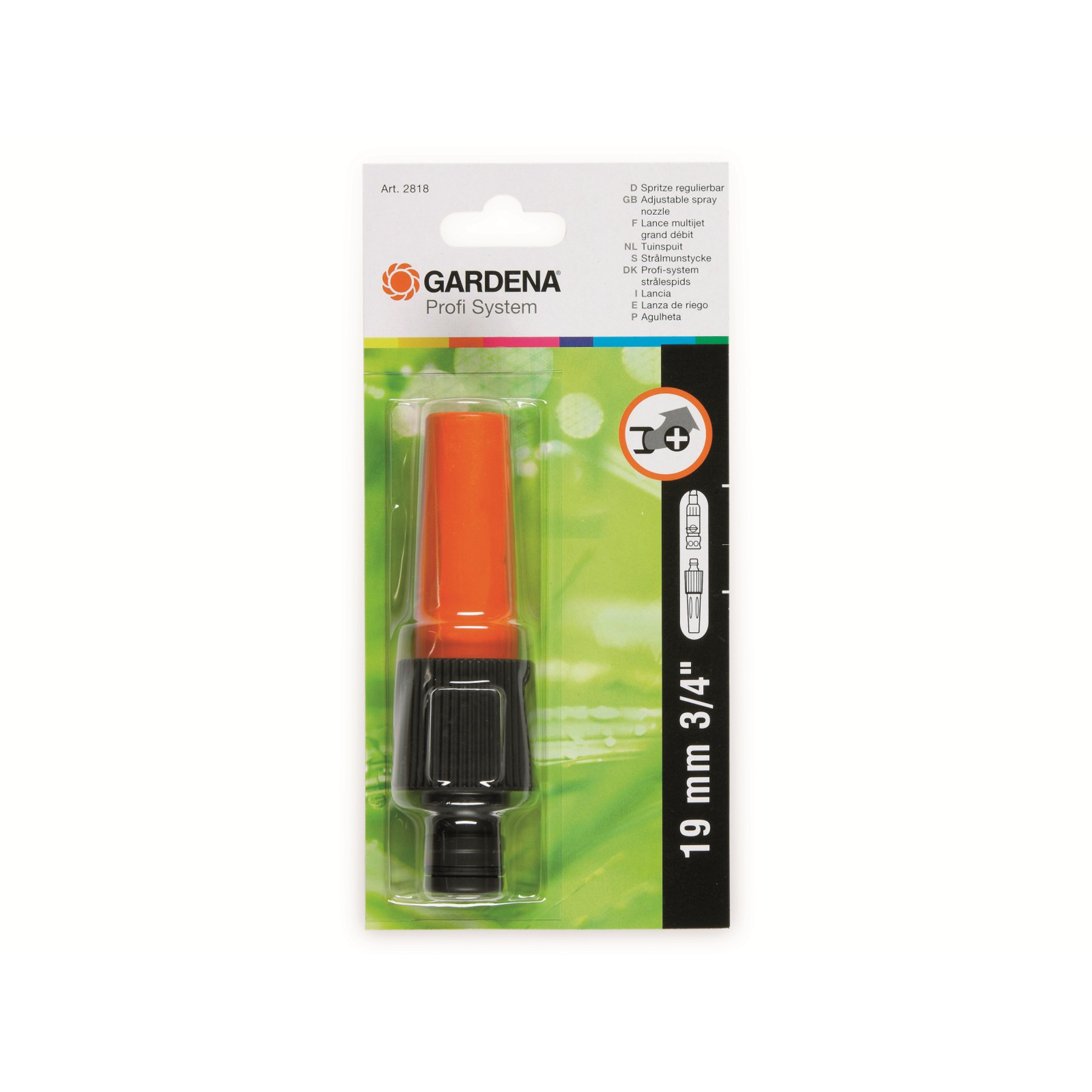 Eine orangefarbene und schwarze Gardena-Gartenschlauchdüse in Verpackung auf weißem Hintergrund.