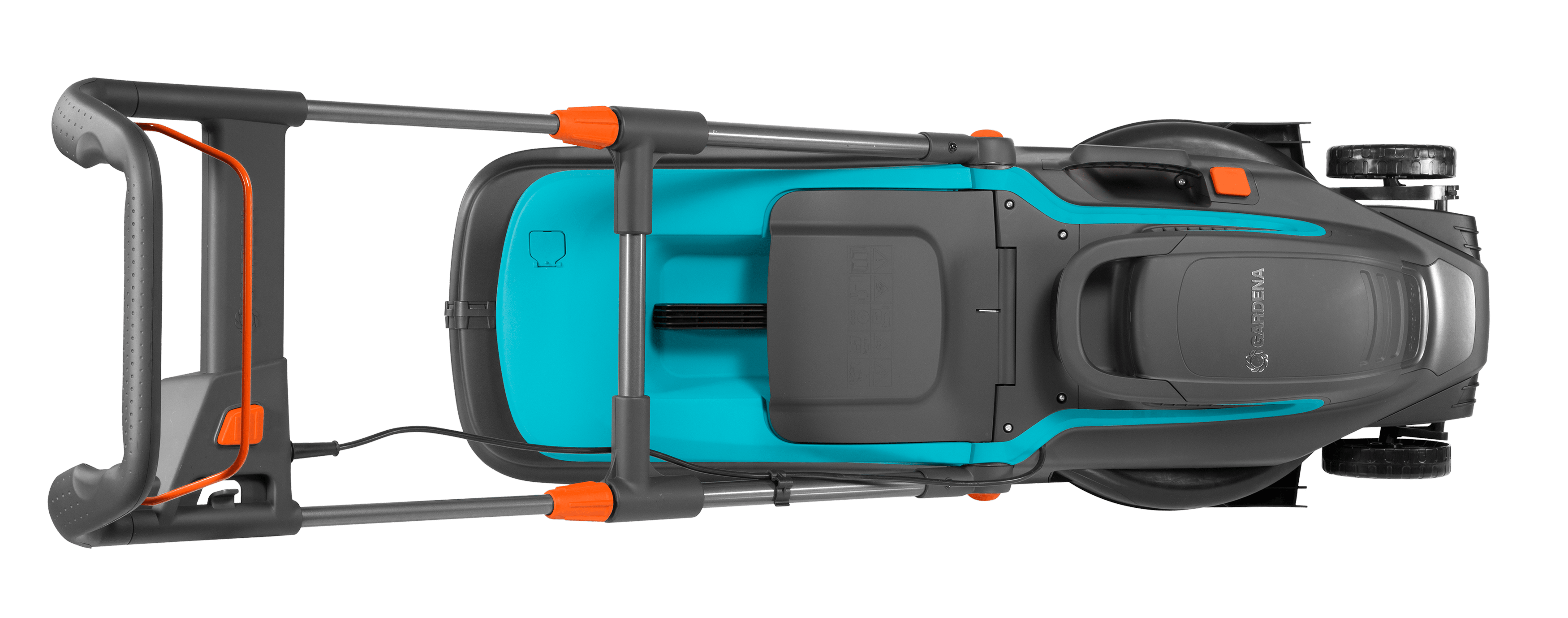 Draufsicht auf einen grauen und teal Rasenmäher mit orangen Akzenten, auf schwarzem Hintergrund.