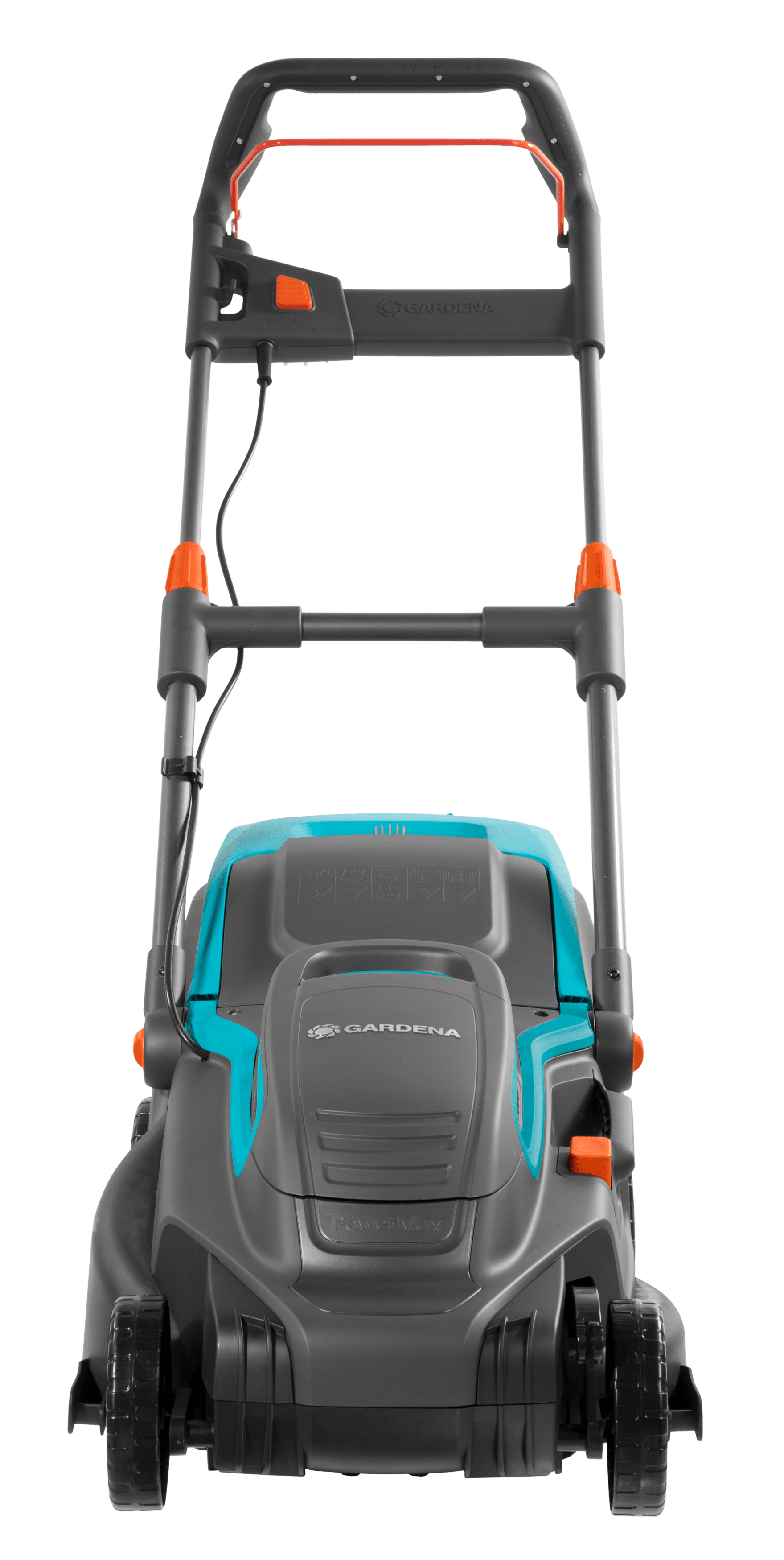 Vorderansicht eines grauen und teal Rasenmähers mit aufrechtem Griff und orangen Akzenten.