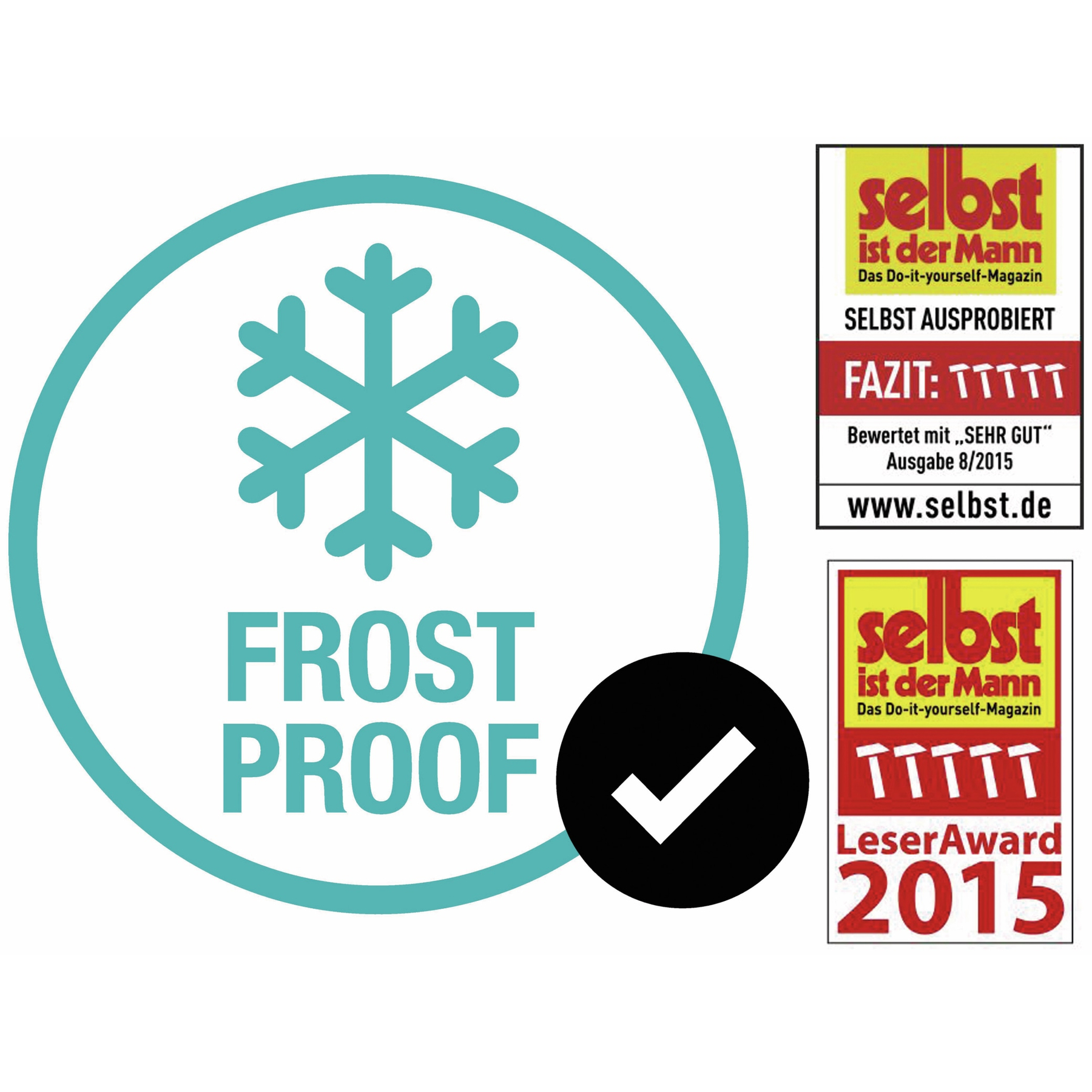 Das Bild zeigt ein blaues Frostschutzsymbol, Zertifizierungen und das Wort "frost proof".