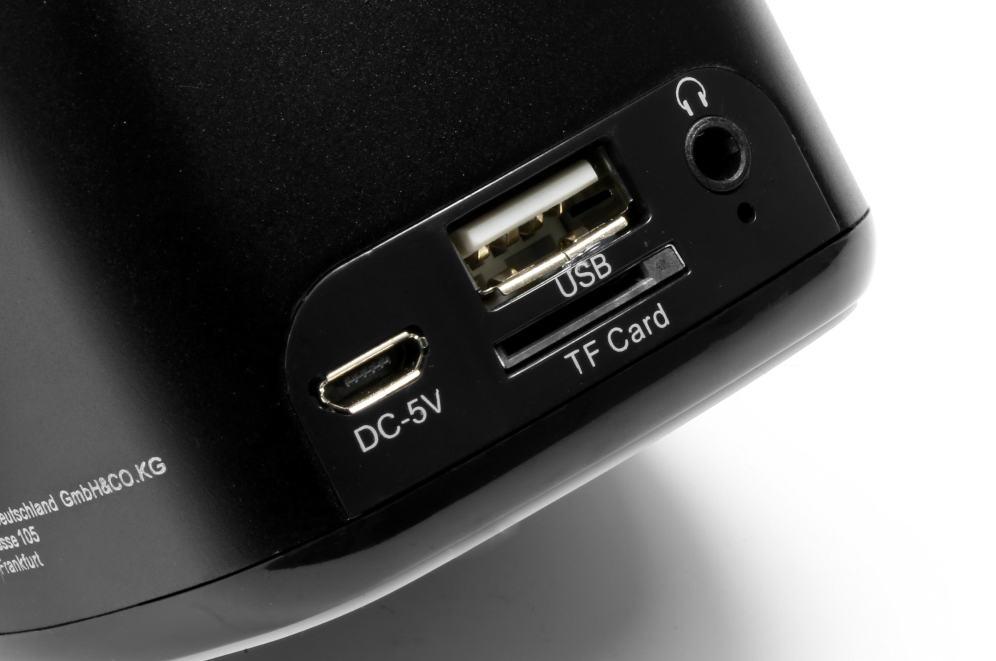 Primo piano di un altoparlante nero con porte per USB, scheda TF, DC-5V e cuffie.
