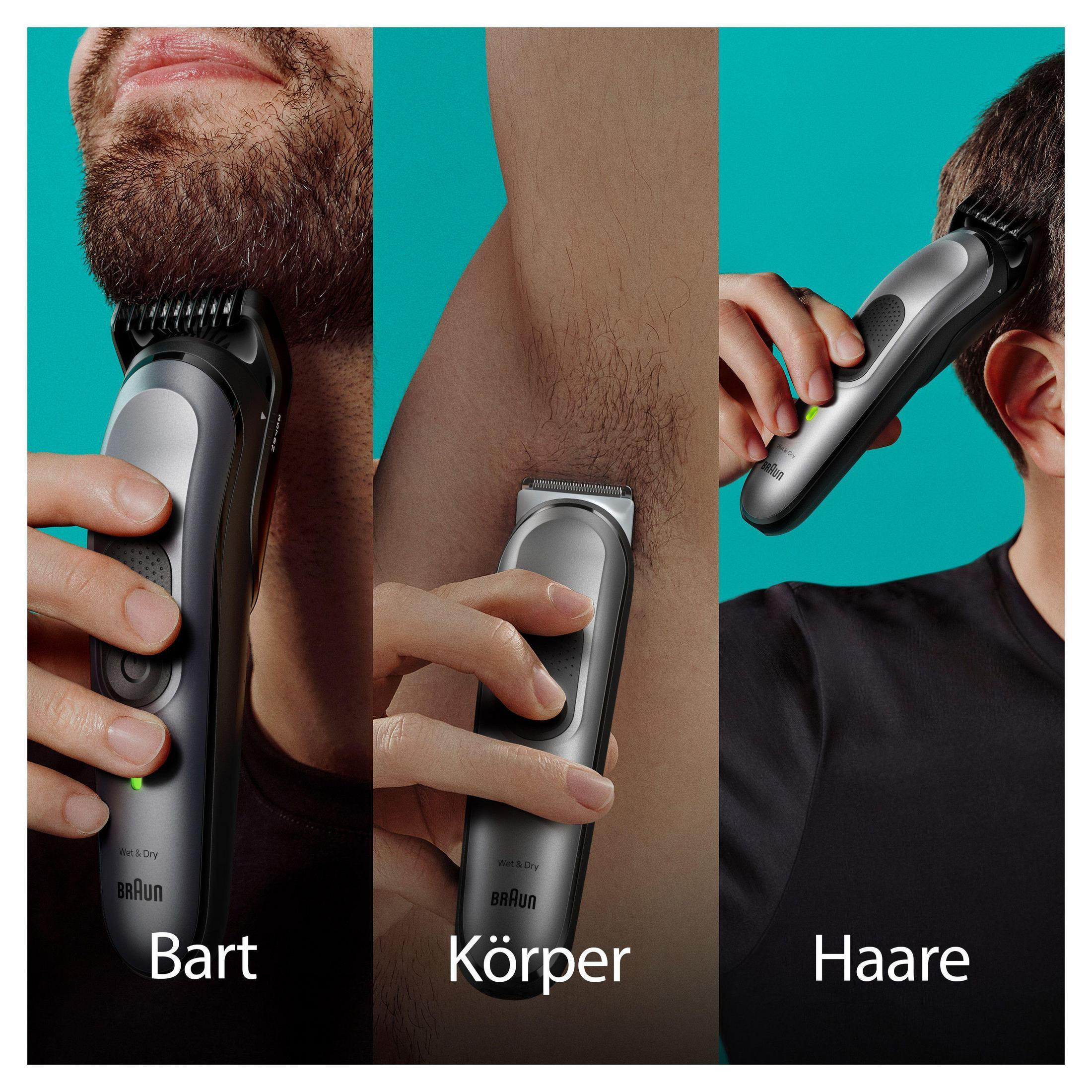 Un collage mostra un uomo che si rade la barba, il corpo e i capelli con un rasoio.