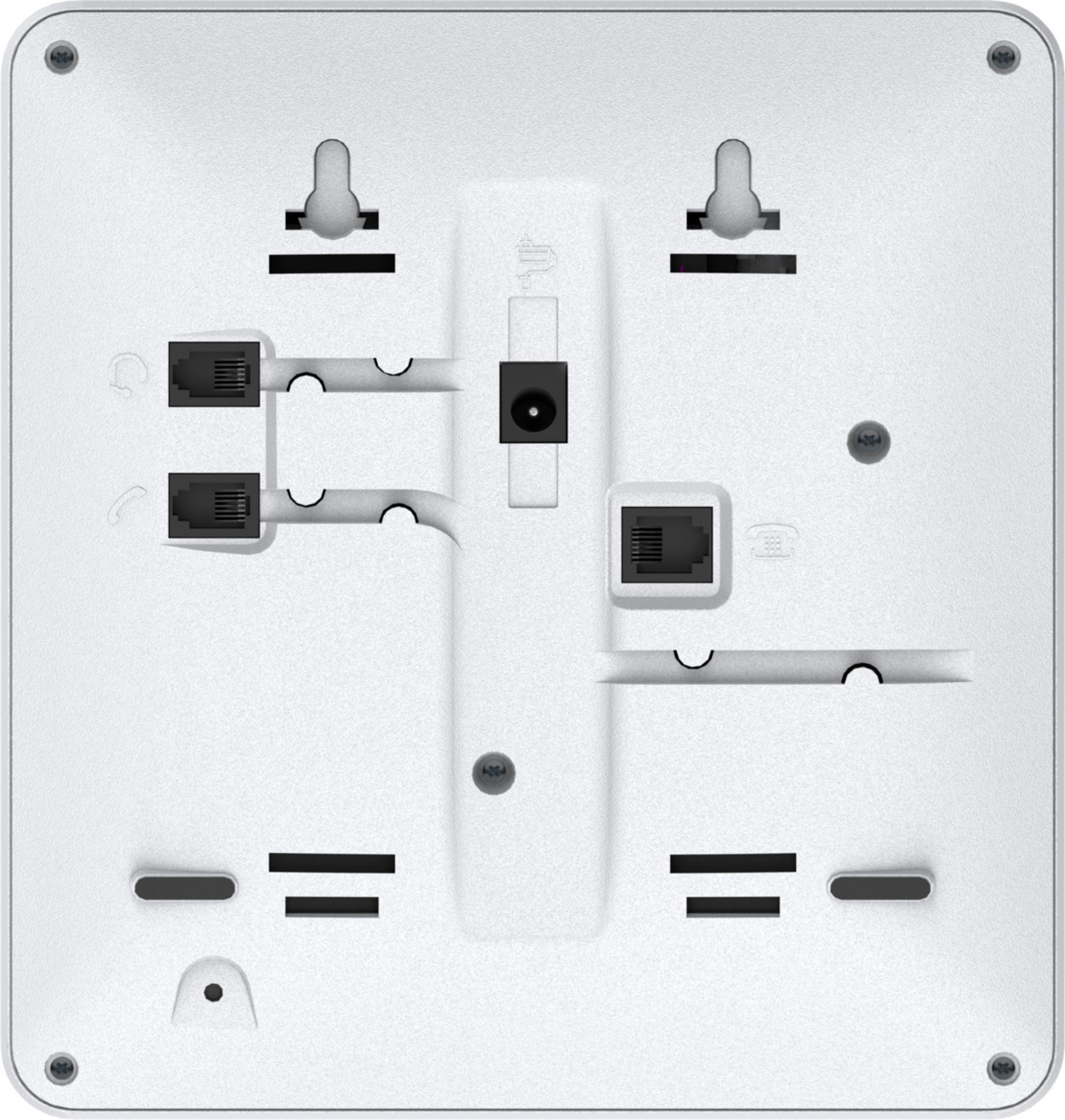 Pannello posteriore bianco del telefono con porte e punti di montaggio, inclusi RJ45 e connessioni di alimentazione.