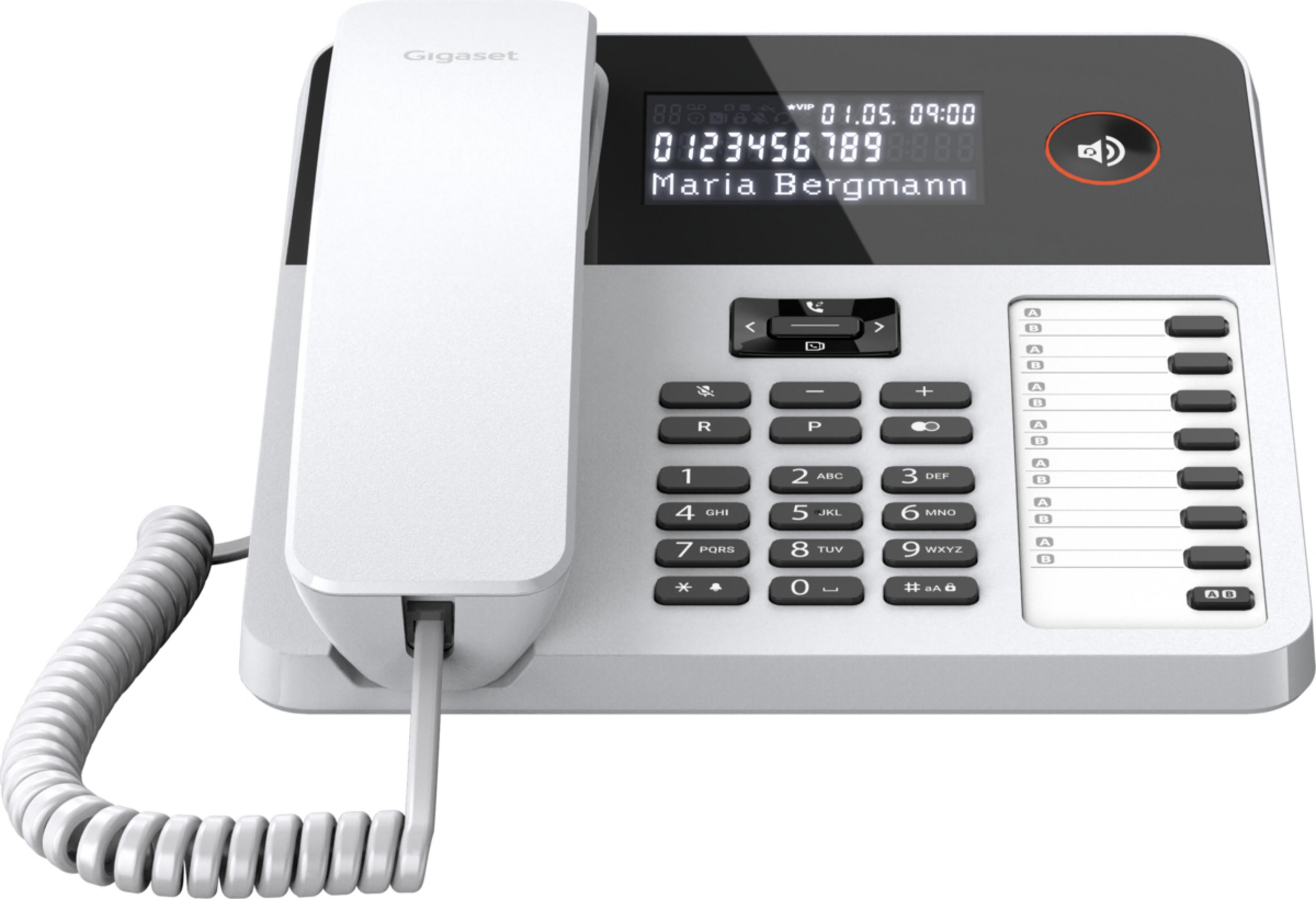 Telefono Gigaset bianco con display che mostra i dettagli della chiamata, con cornetta e tastiera, vista angolata.