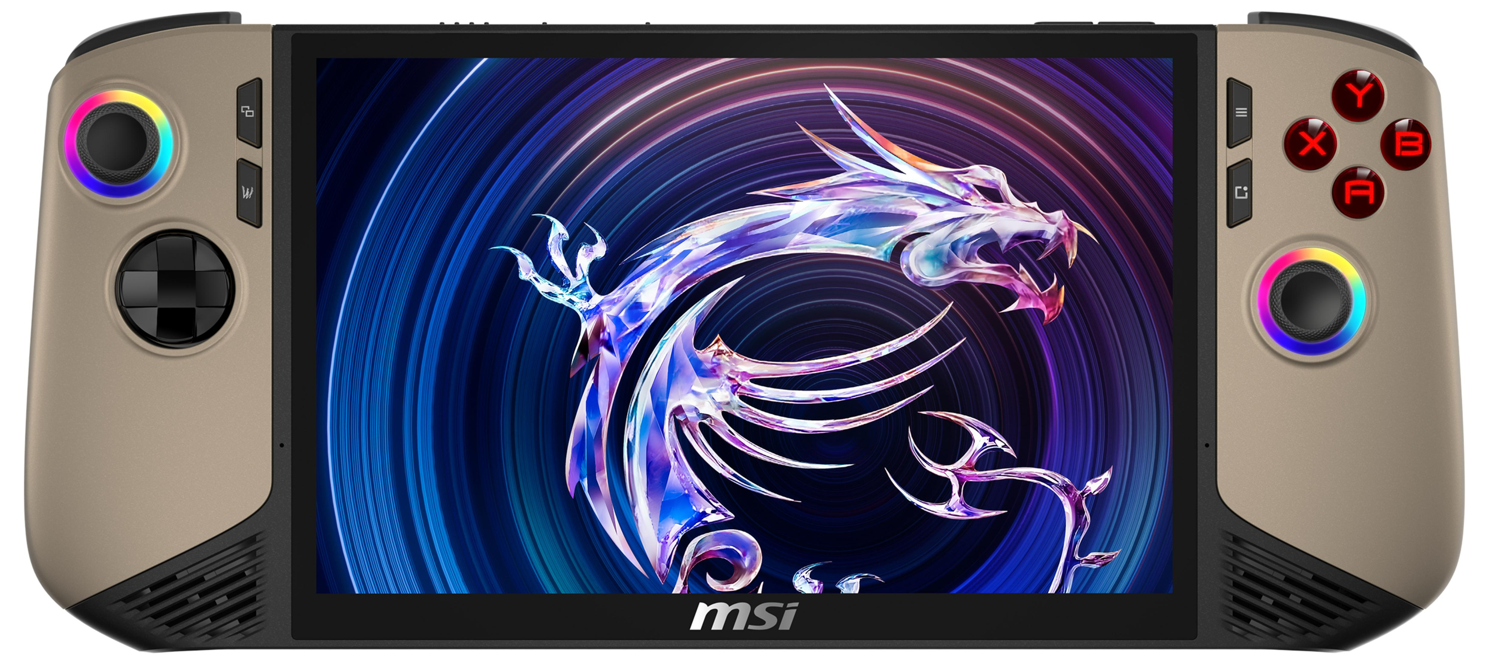 Een MSI Claw handheld gaming apparaat dat een draak weergeeft, met verlichte knoppen en joysticks.