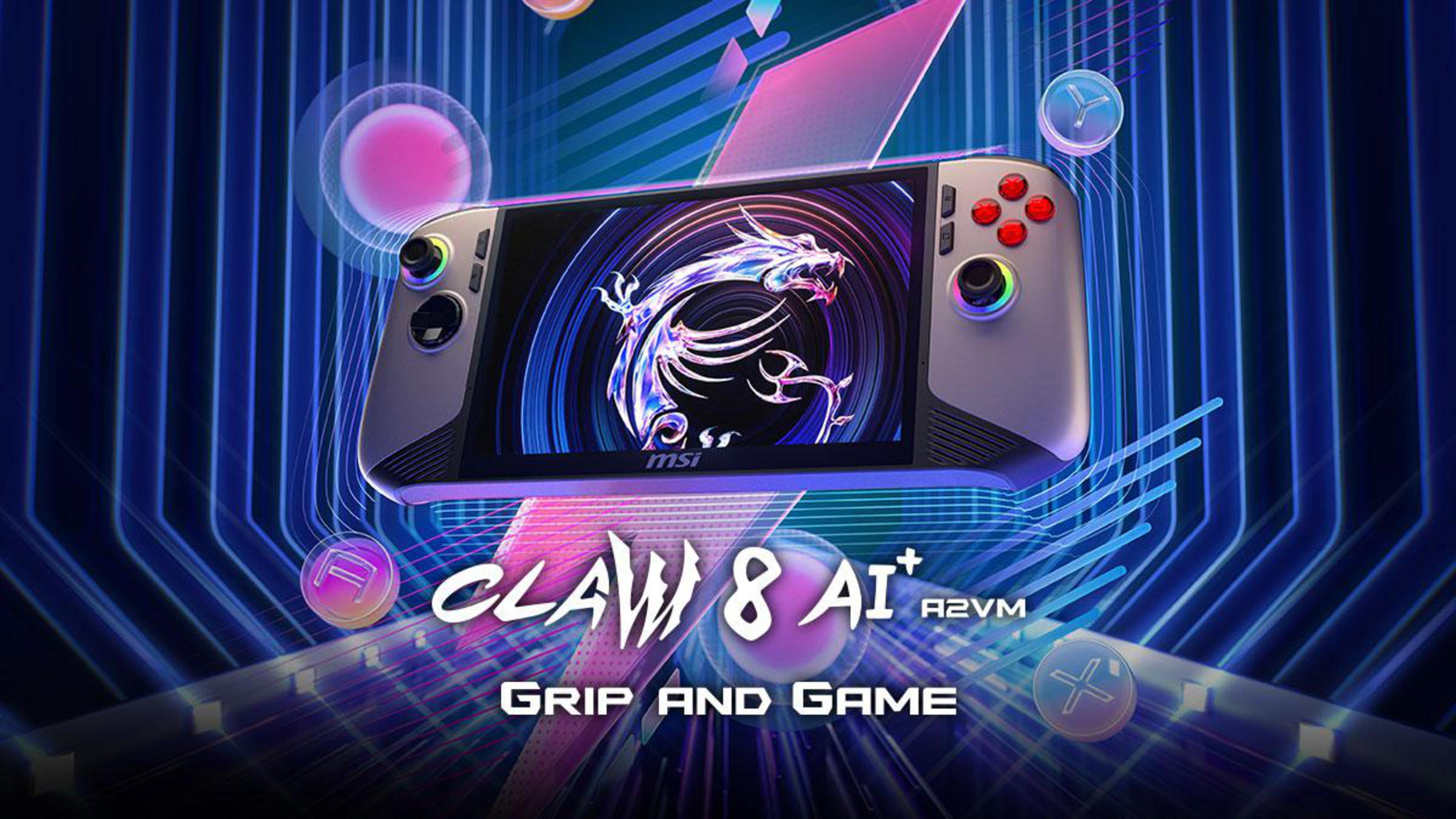 Een MSI Claw 8 AI+ R2VM handheld gaming apparaat op een kleurrijke achtergrond met de tekst "Grip and Game".