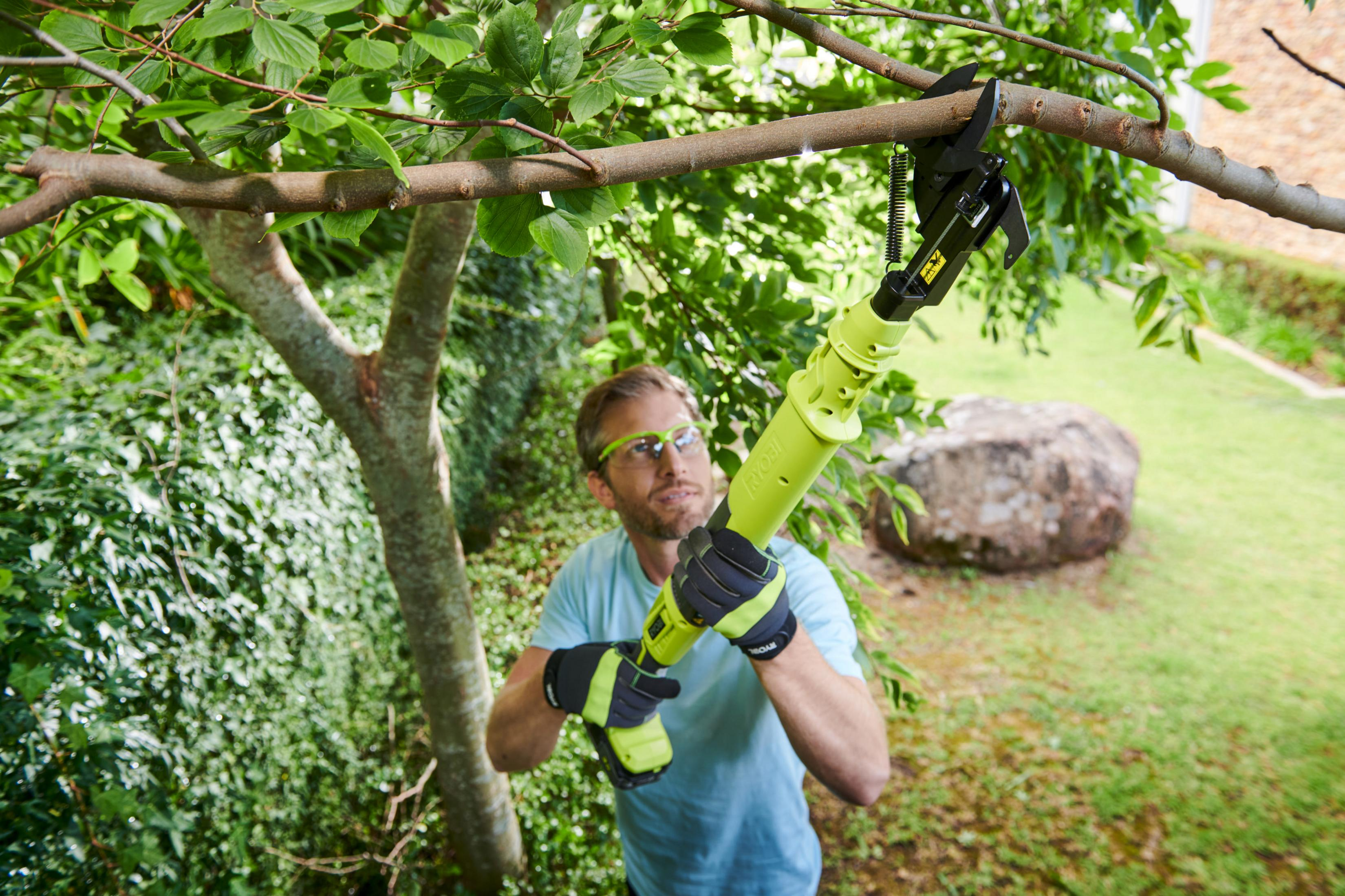 Ein Mann schneidet einen Ast mit einer elektrischen Ryobi-Stangensäge. Im Hintergrund befindet sich ein Garten mit Bäumen und Gras.