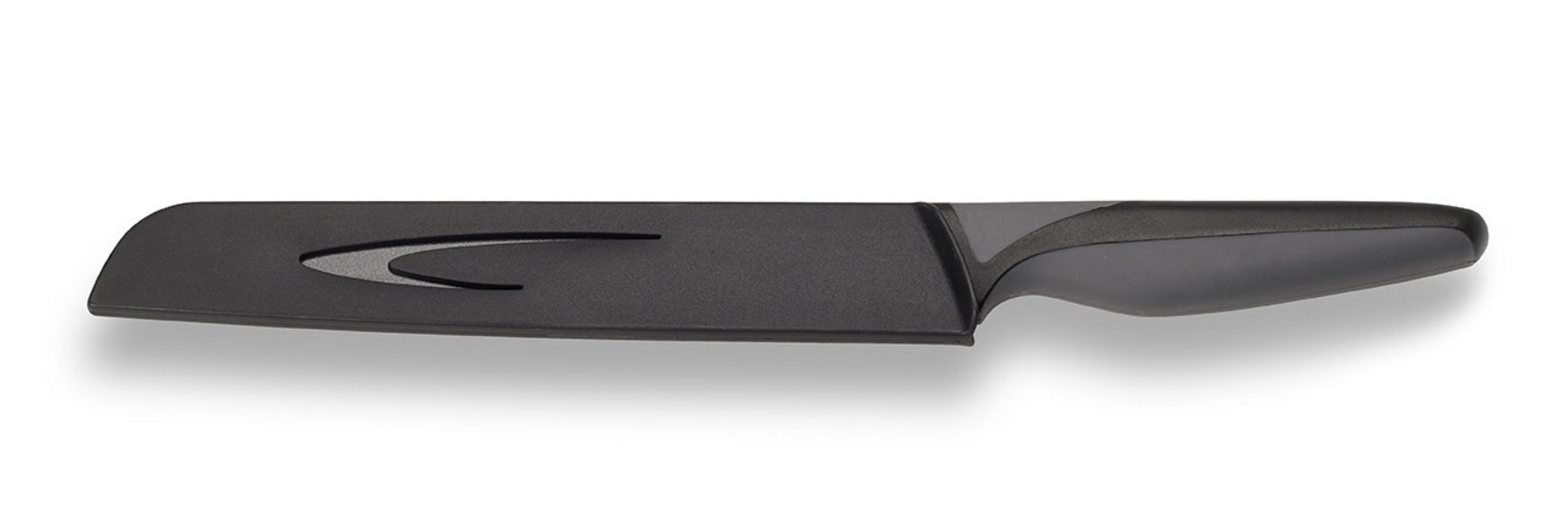 Schwarzes Messer und Abdeckung auf Weiß. Das Messer ist horizontal.