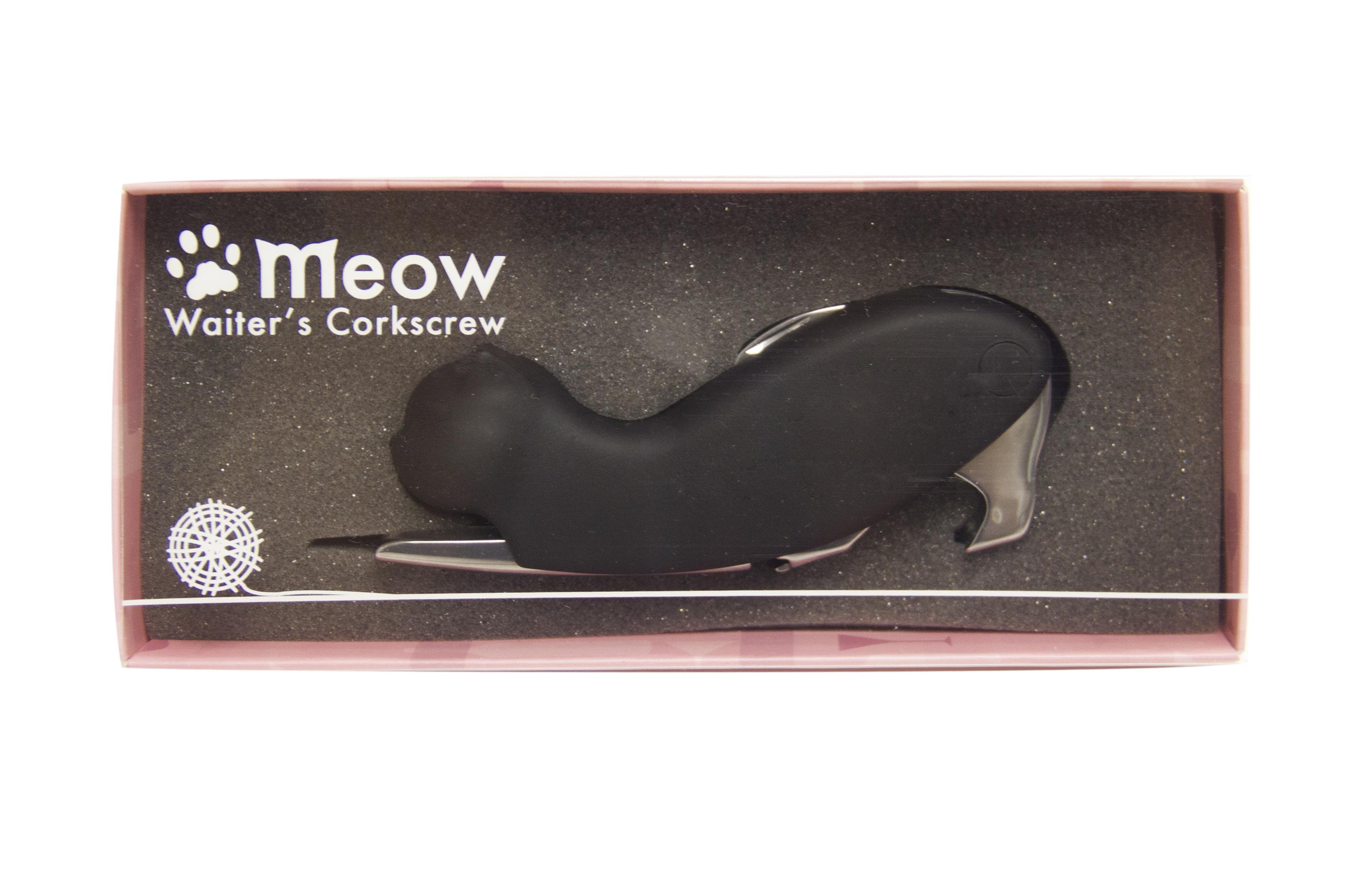 Ein katzenförmiger Korkenzieher in einer rosa Schachtel mit der Aufschrift "Meow Waiter's Corkscrew" ist zu sehen.