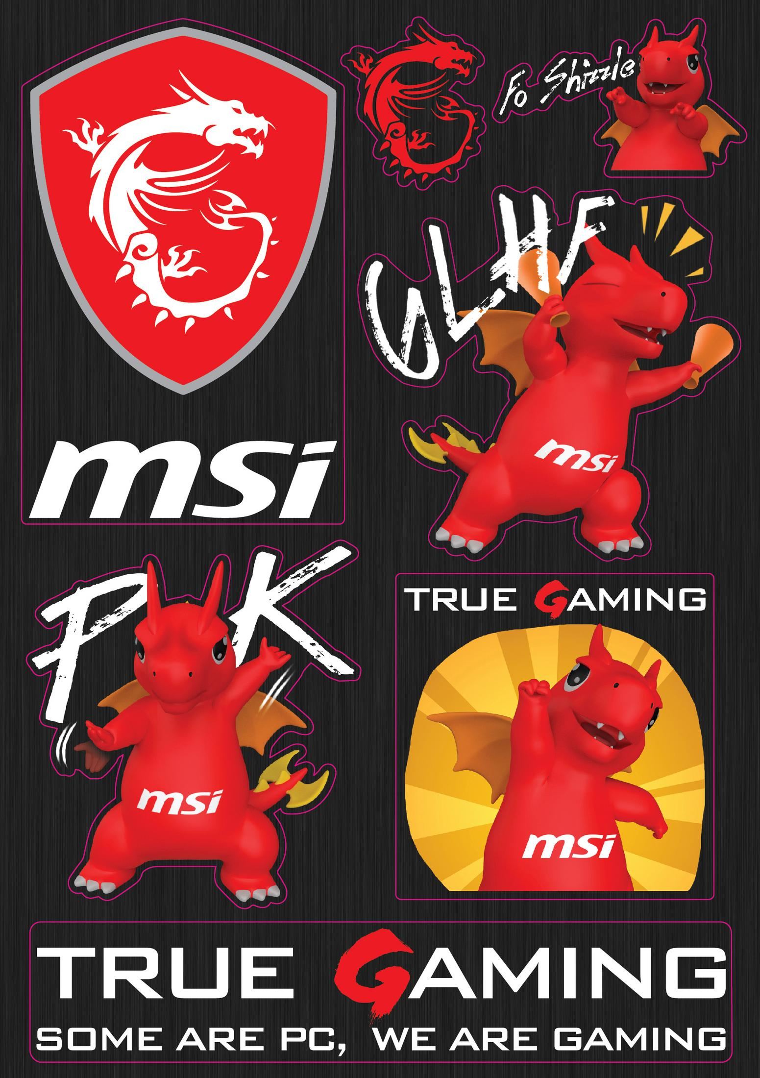 MSI-Markenaufkleber mit einem roten Drachenmaskottchen auf schwarzem Hintergrund.
