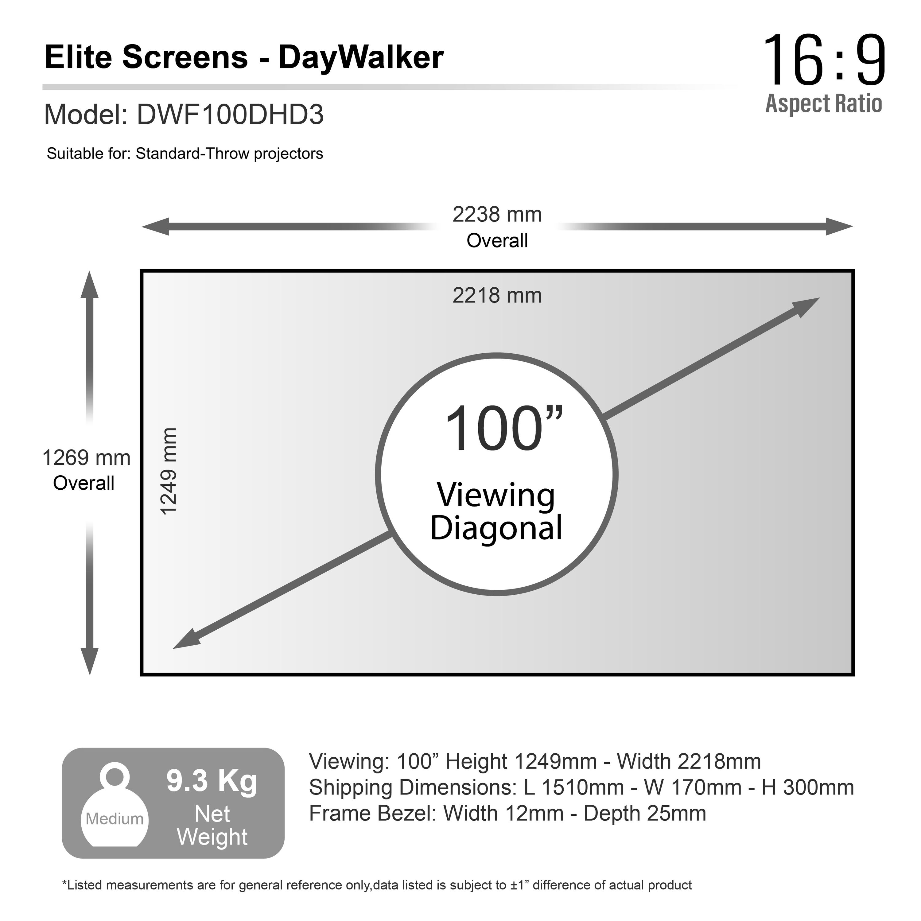 Diagram van een 100" projectiescherm, met afmetingen en gewicht (9,3 kg).