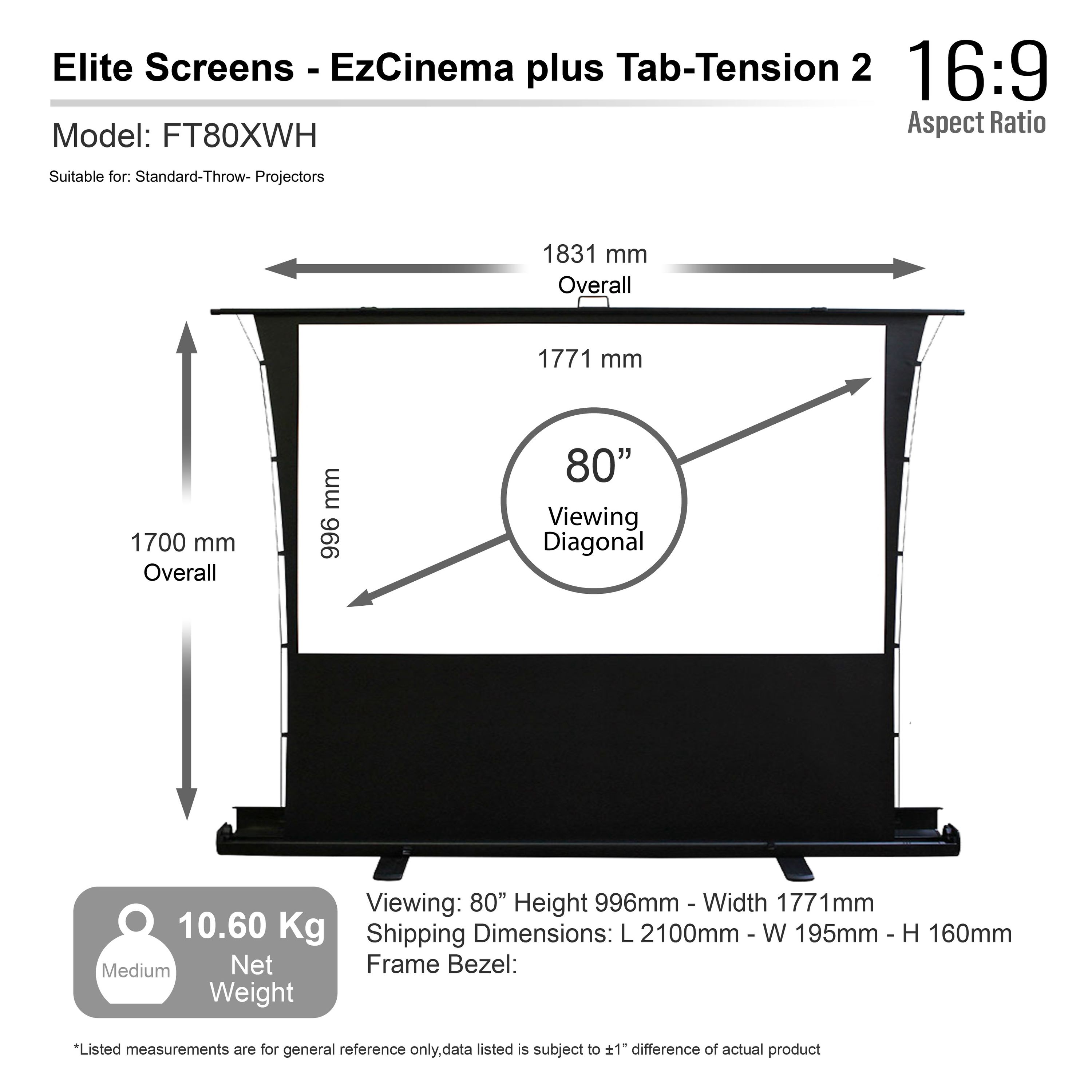 Diagram van een 80" projectiescherm, met afmetingen en gewicht (10,6 kg).