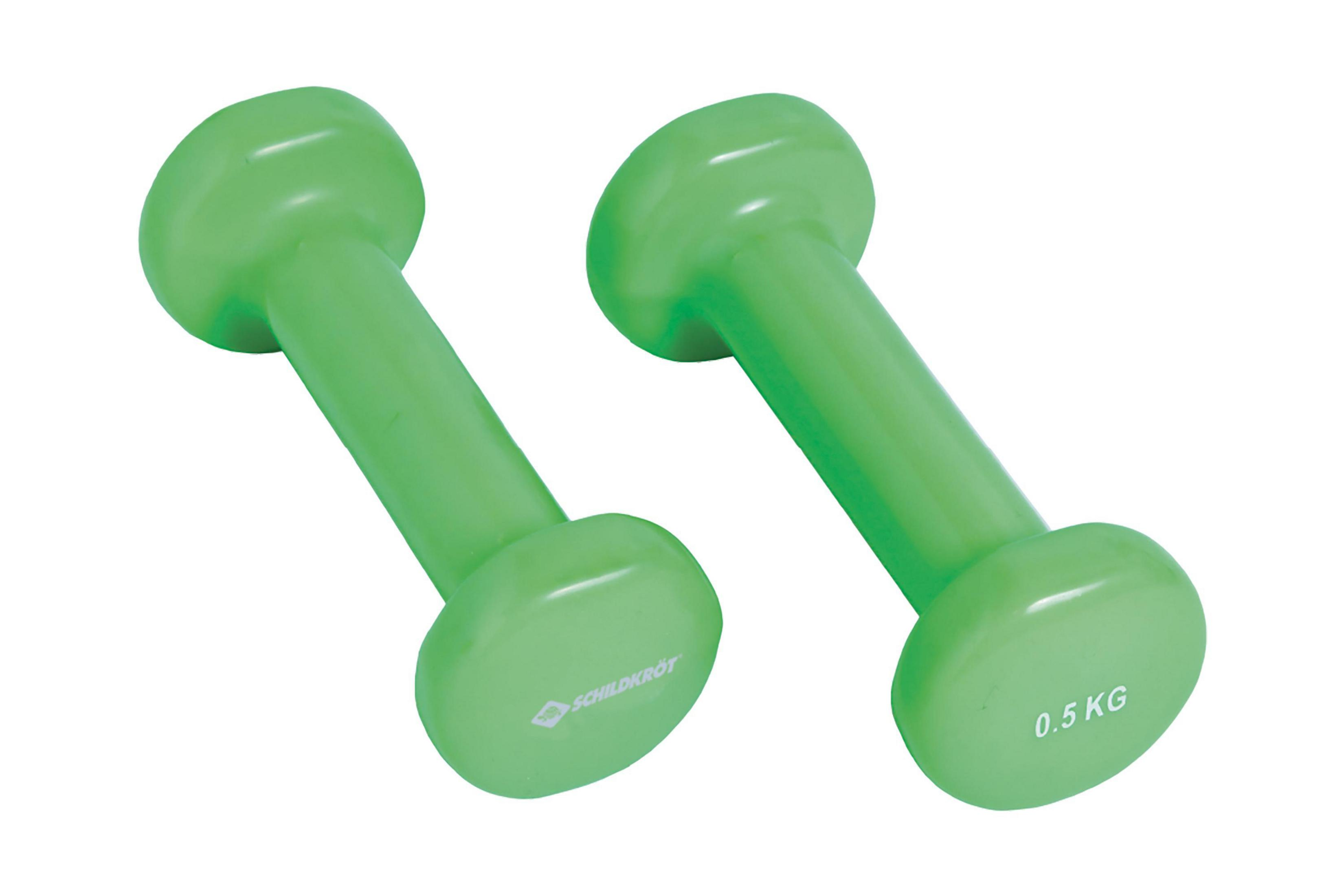 Zwei hellgrüne 0,5 kg Hanteln sind diagonal auf einem weißen Hintergrund positioniert.