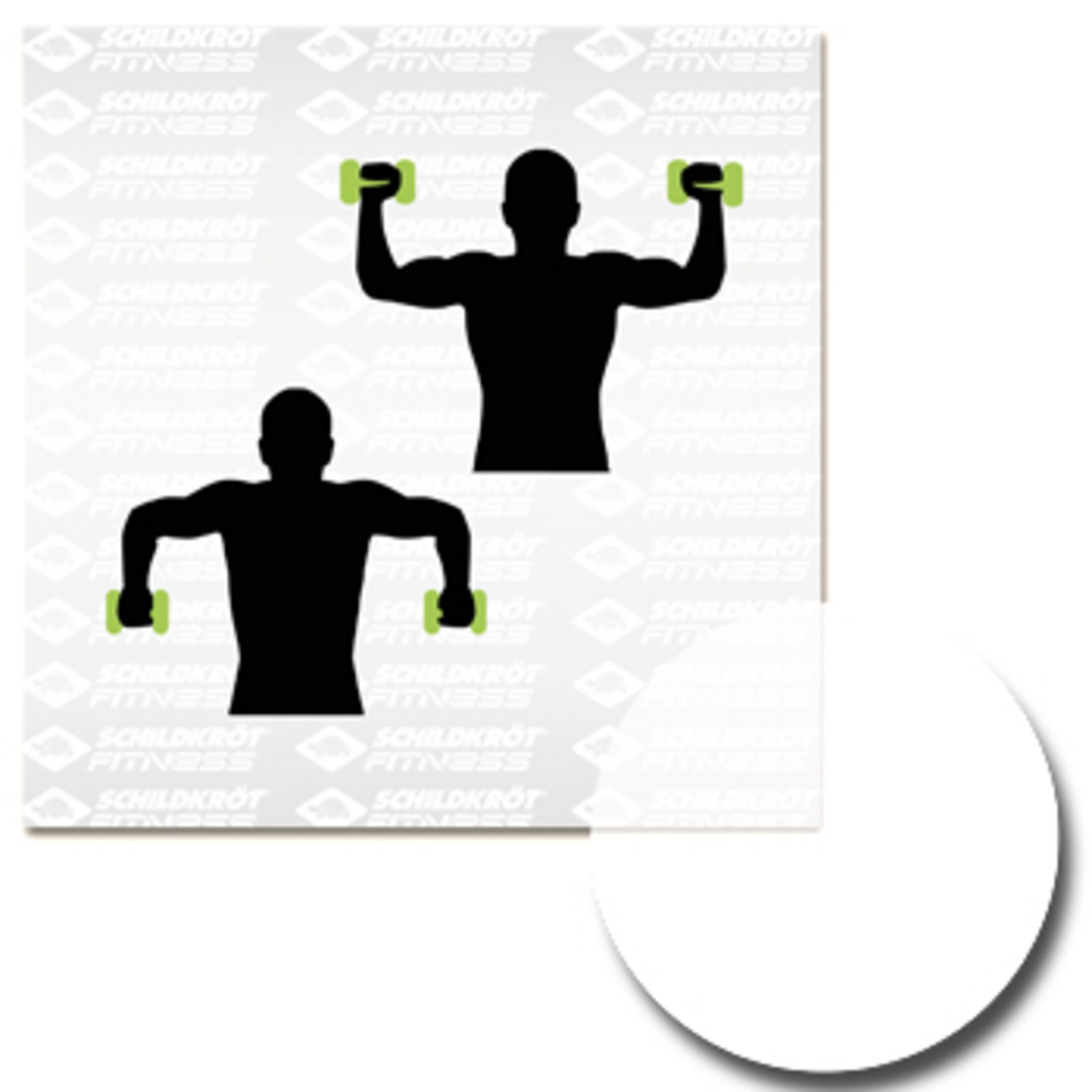 Ein Fitnessdiagramm zeigt zwei schwarze Silhouetten, die grüne Hanteln auf einem weißen Hintergrund heben.