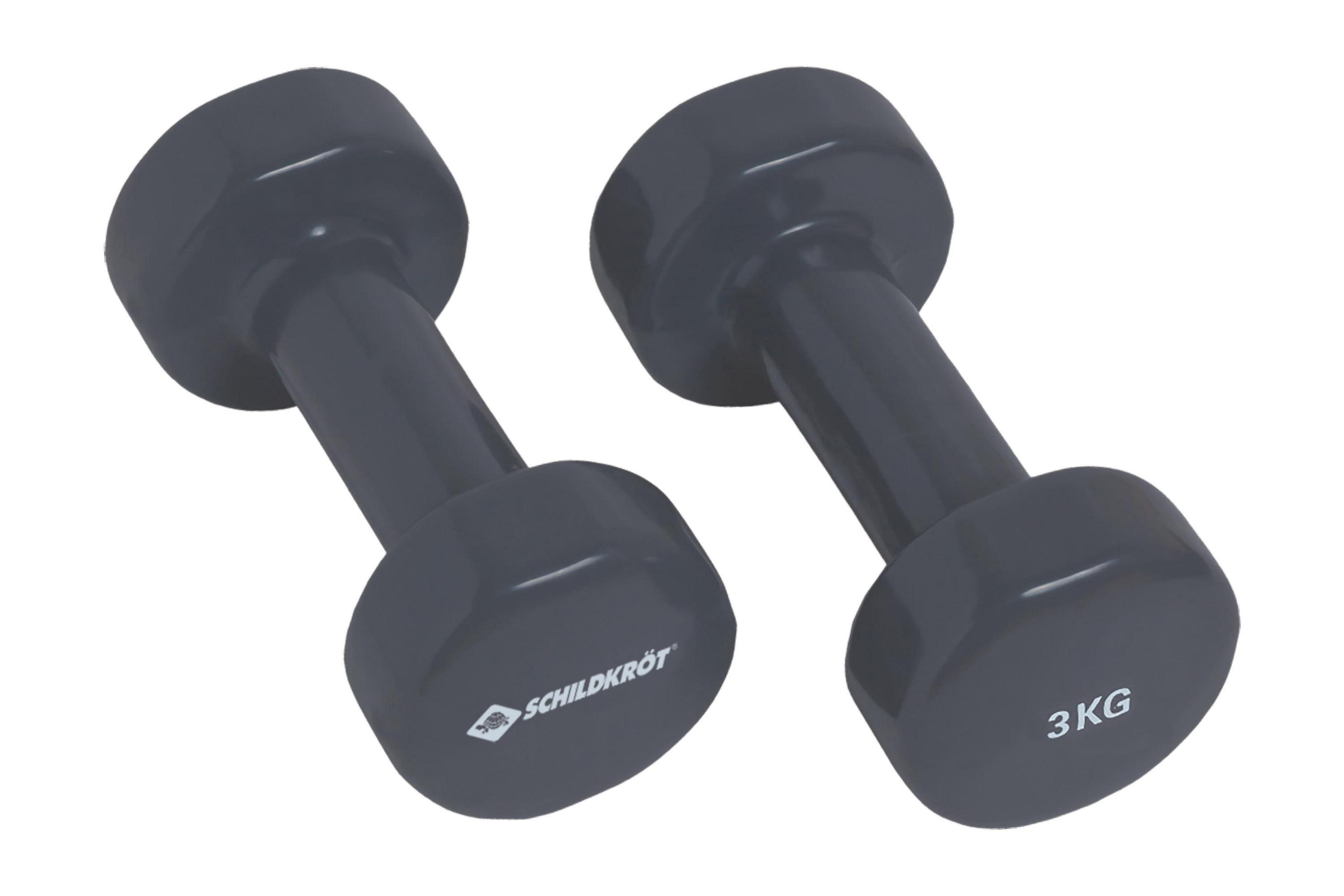 Due manubri grigio scuro da 3 kg, isolati su uno sfondo bianco. Attrezzatura fitness.