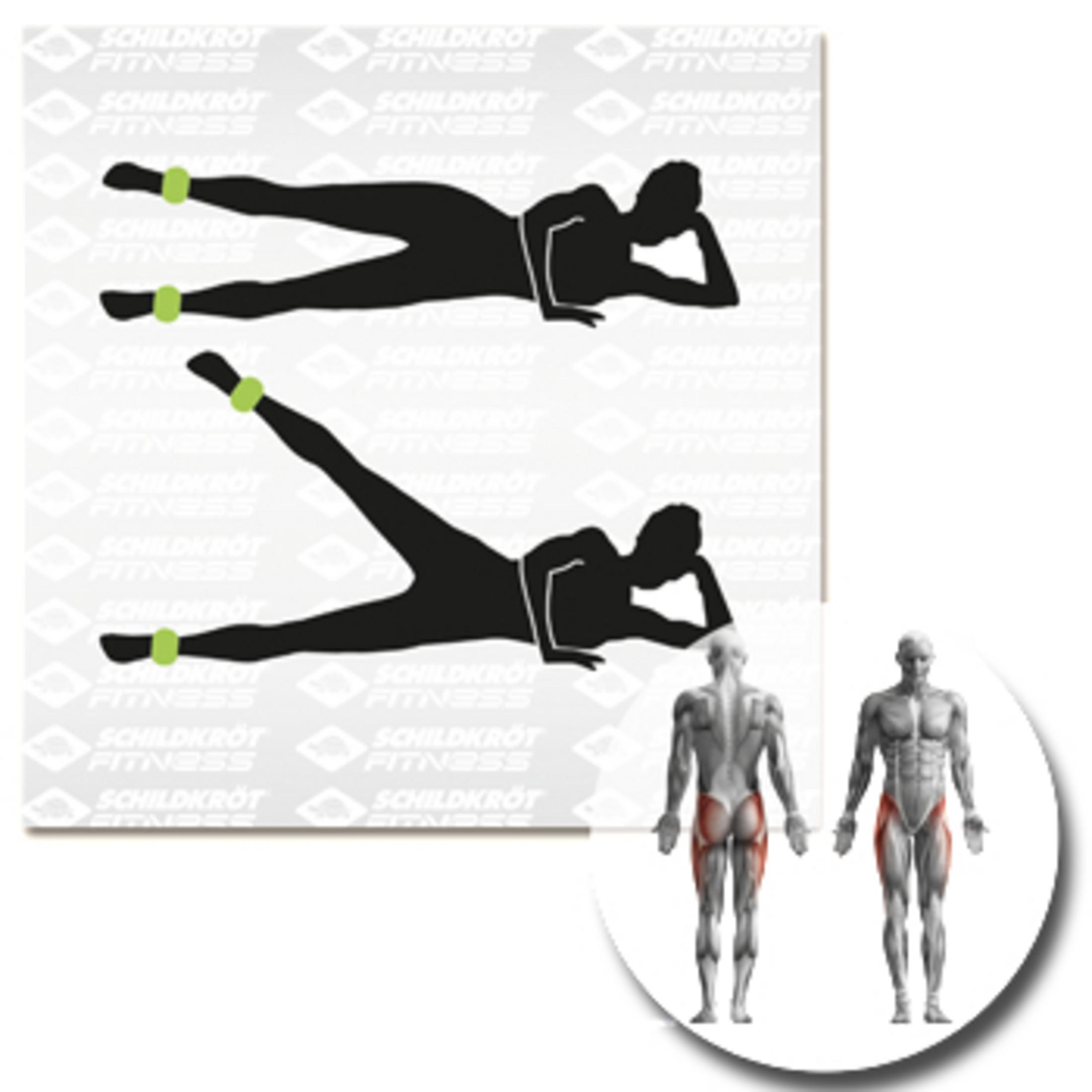 Übungsdiagramm, das seitliche Beinheben mit Knöchelgewichten und Muskelanatomie zeigt.