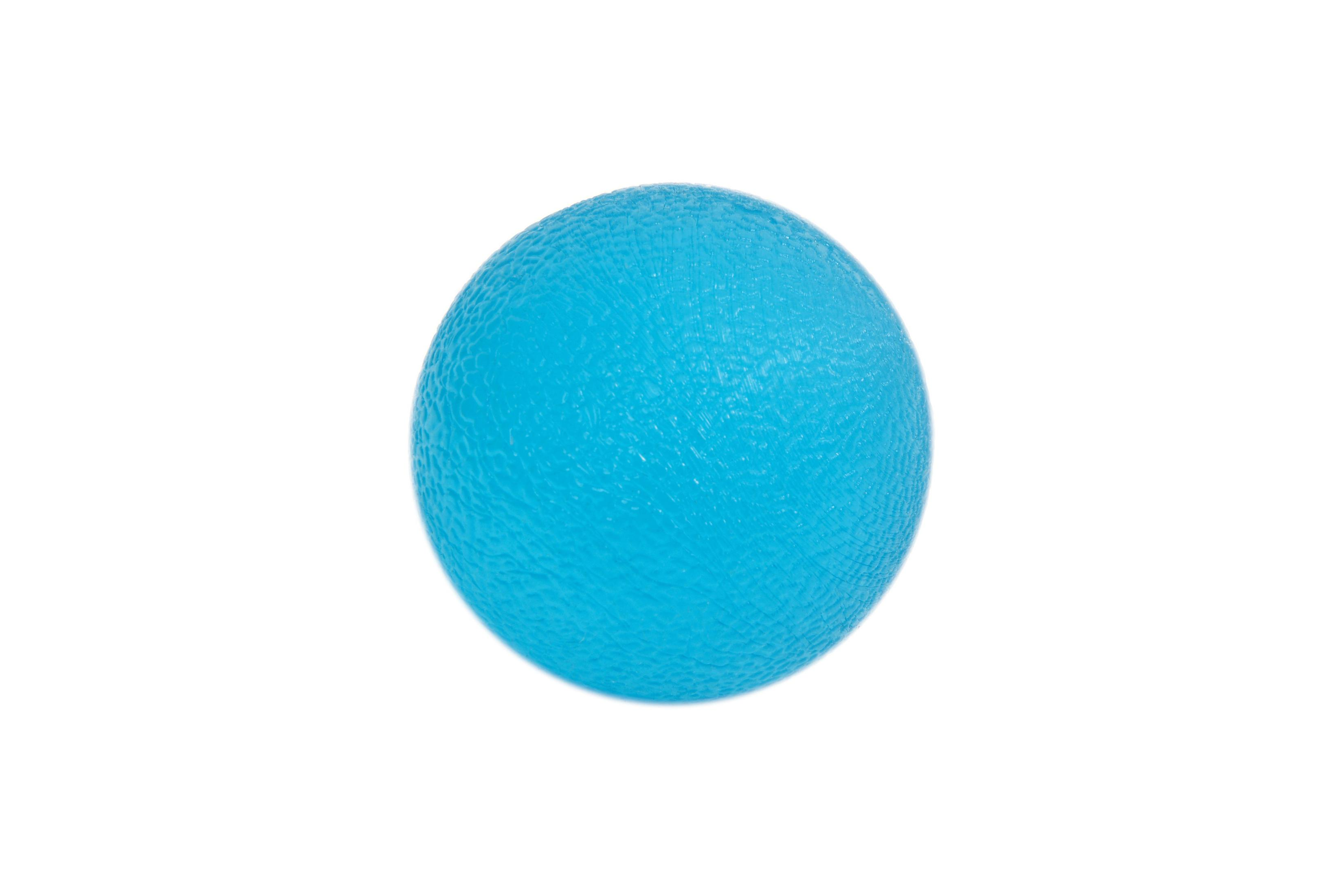 Ein einzelner, strukturierter hellblauer Stressball ist auf einem weißen Hintergrund zentriert und wirft einen subtilen Schatten.