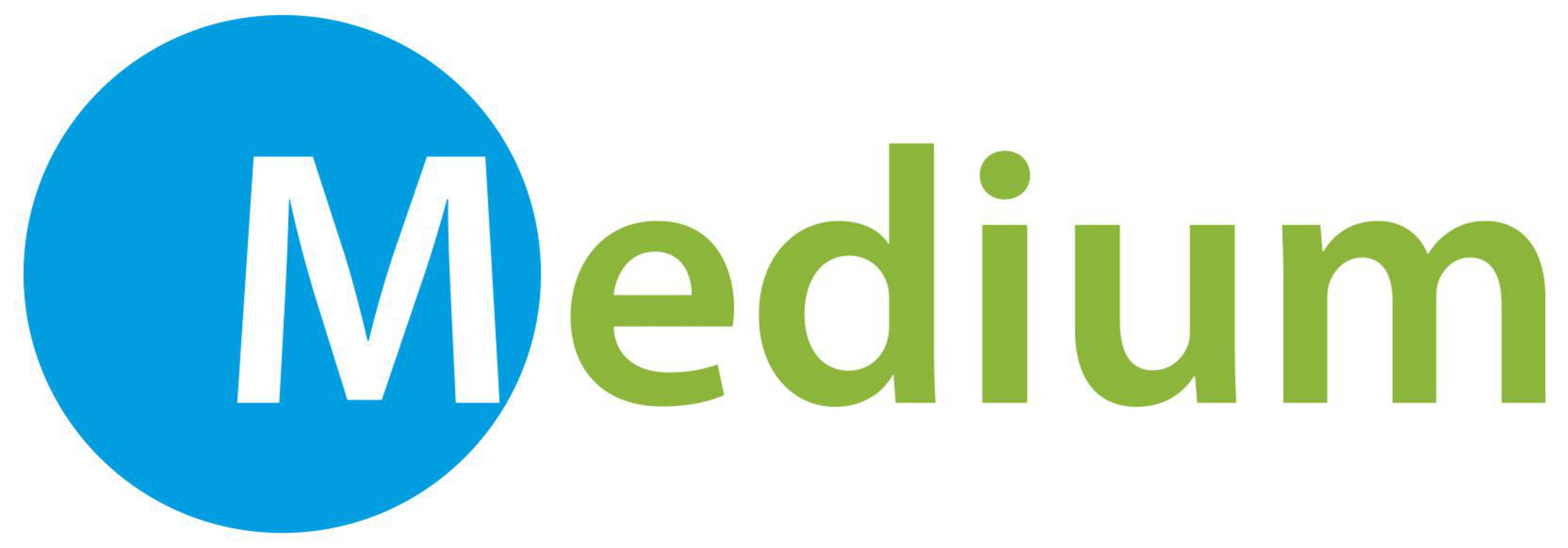 Das Wort „Medium“ wird mit einem blauen Kreis um das „M“ und dem Rest des Wortes in Grün angezeigt.