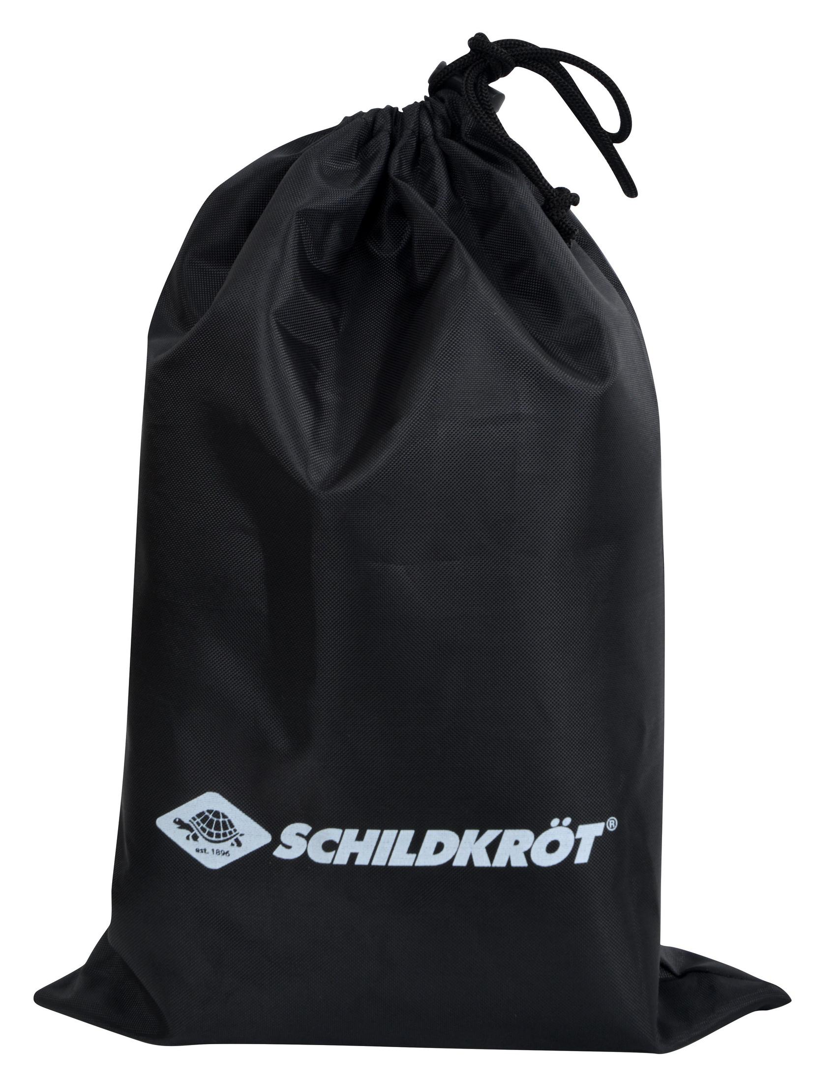 Eine schwarze Kordelzugtasche mit dem Schildkröt-Logo wird vor einem weißen Hintergrund gezeigt.