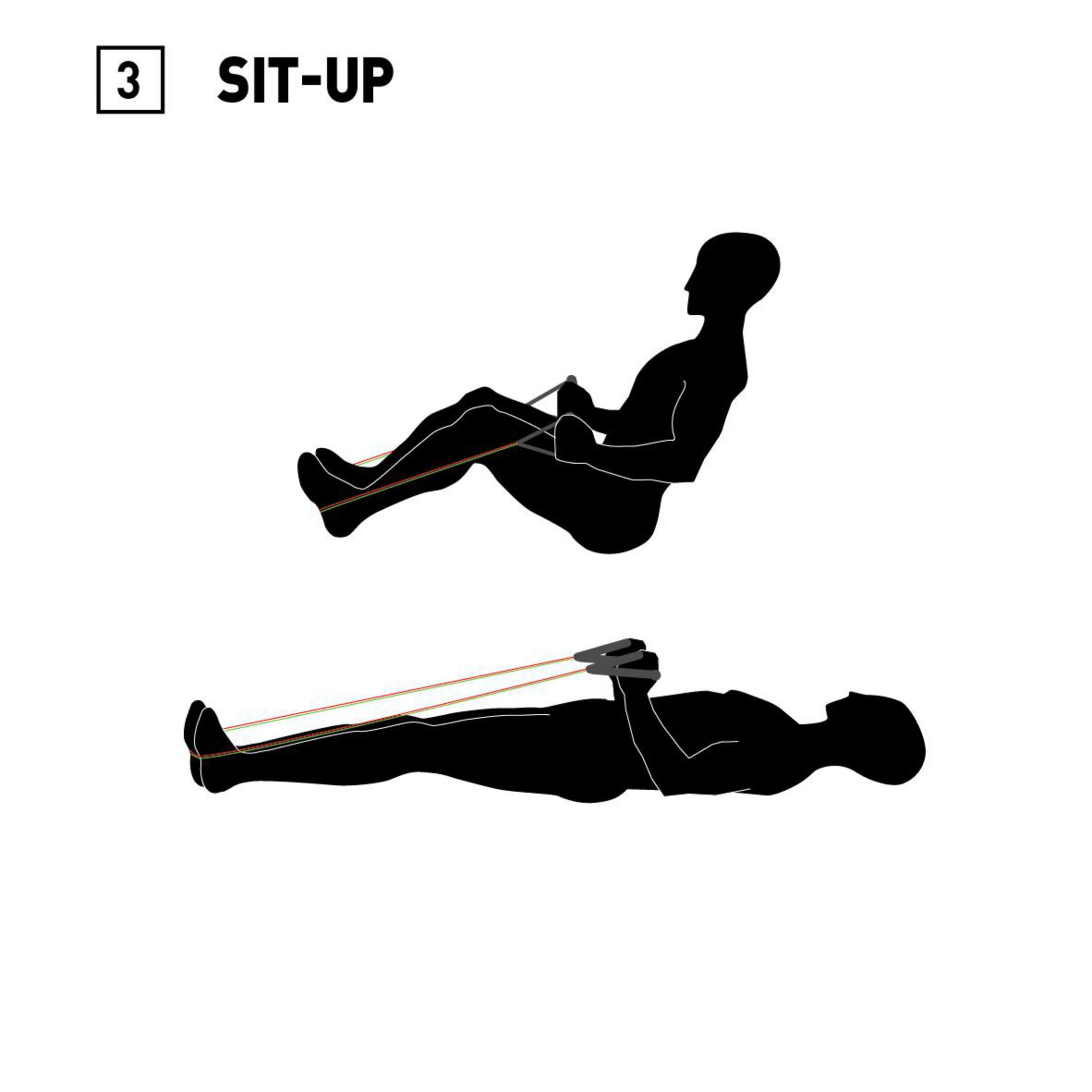 Zwei schwarze Silhouetten zeigen Sit-up-Übungen mit Widerstandsbändern auf weißem Hintergrund.