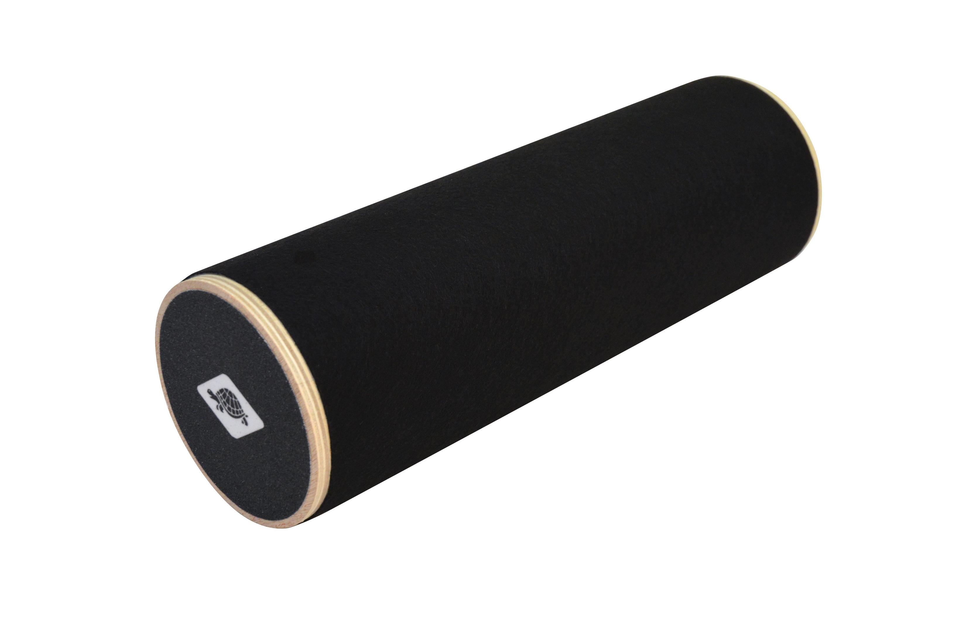 Rullo di schiuma nero con bordi in legno. Il rullo ha un piccolo adesivo bianco con il logo di un uccello sul lato sinistro.